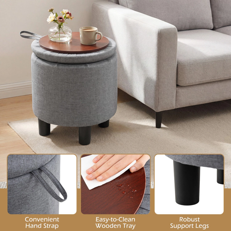 Hivvago Round Storage Ottoman Linen Fabric Upholstered Footrest Stool