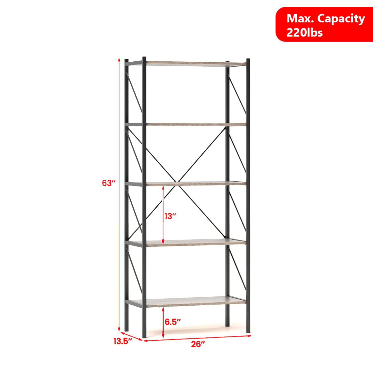 Hivvago 5-Tier Open Bookcase with Sturdy Metal Frame