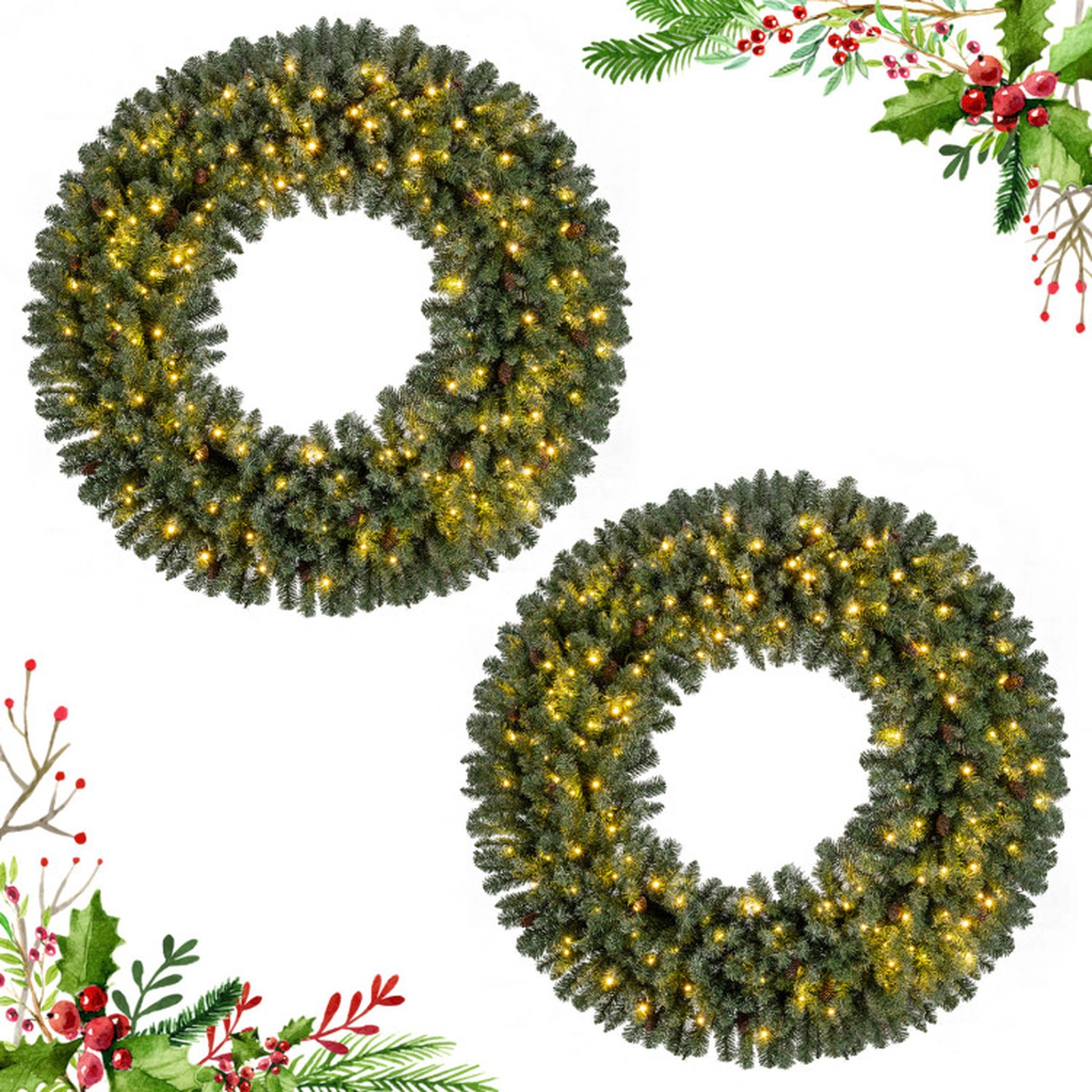SUGIFT Green 60-in Pre-Lit Artificial Christmas Wreath with 200 Warm White LED Lights and 680 Branch Tips
