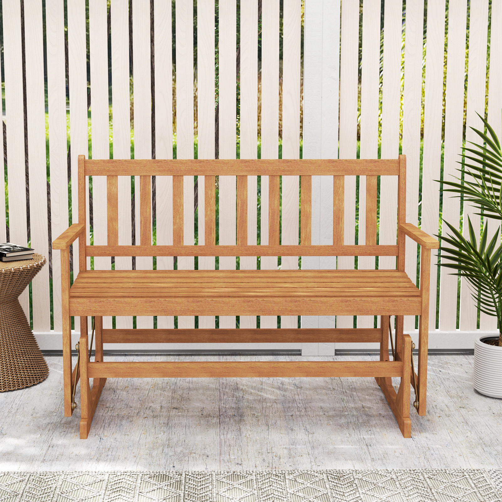 SUGIFT Natural 2-Person Patio Swing Rocking Loveseat Outdoor Acacia Wood Glider Bench