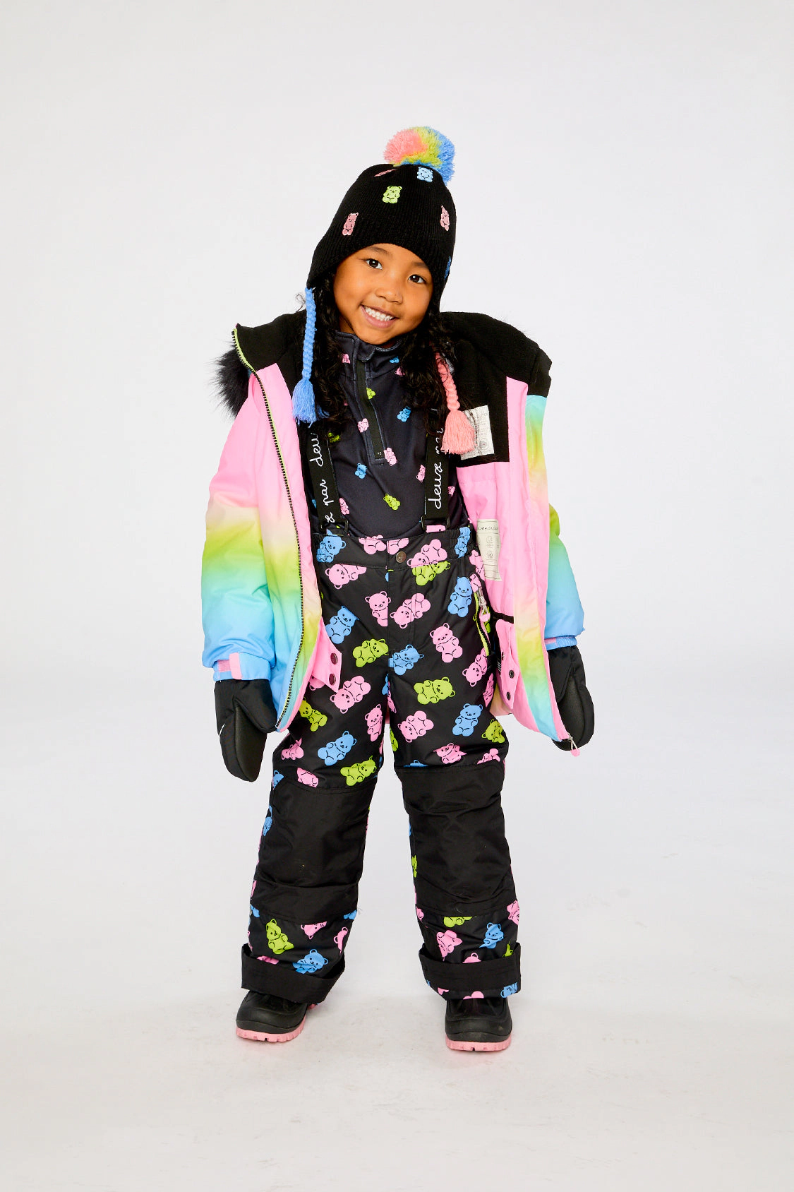 Deux par Girls Gradient Two Piece Play Snowsuit with Hooded Jacket and Gummy Bear Print Snow Pants