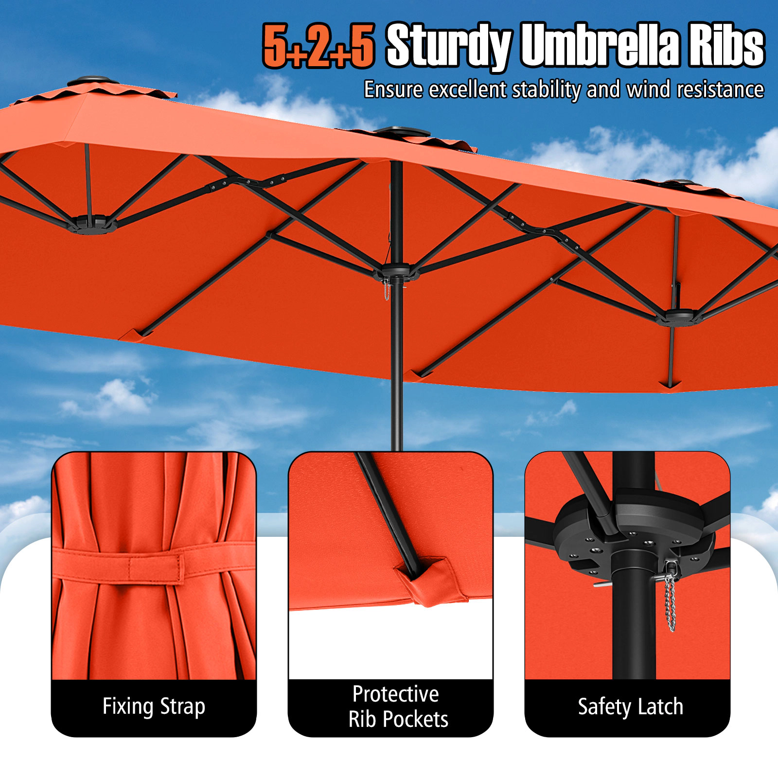 SUGIFT 15.5-ft Orange Rectangular Double-Sided Solar Patio Umbrella with 144 LED Lights and 12 Metal Ribs