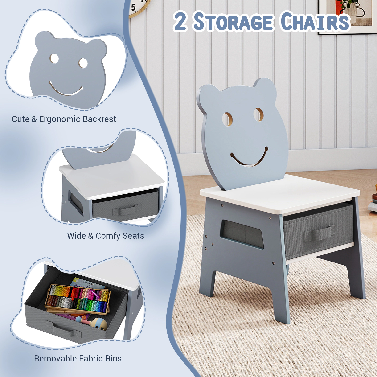 SUGIFT Gray Reversible Chalkboard Whiteboard Kids 5-in-1 Art Desk Set Table and 2 Chairs