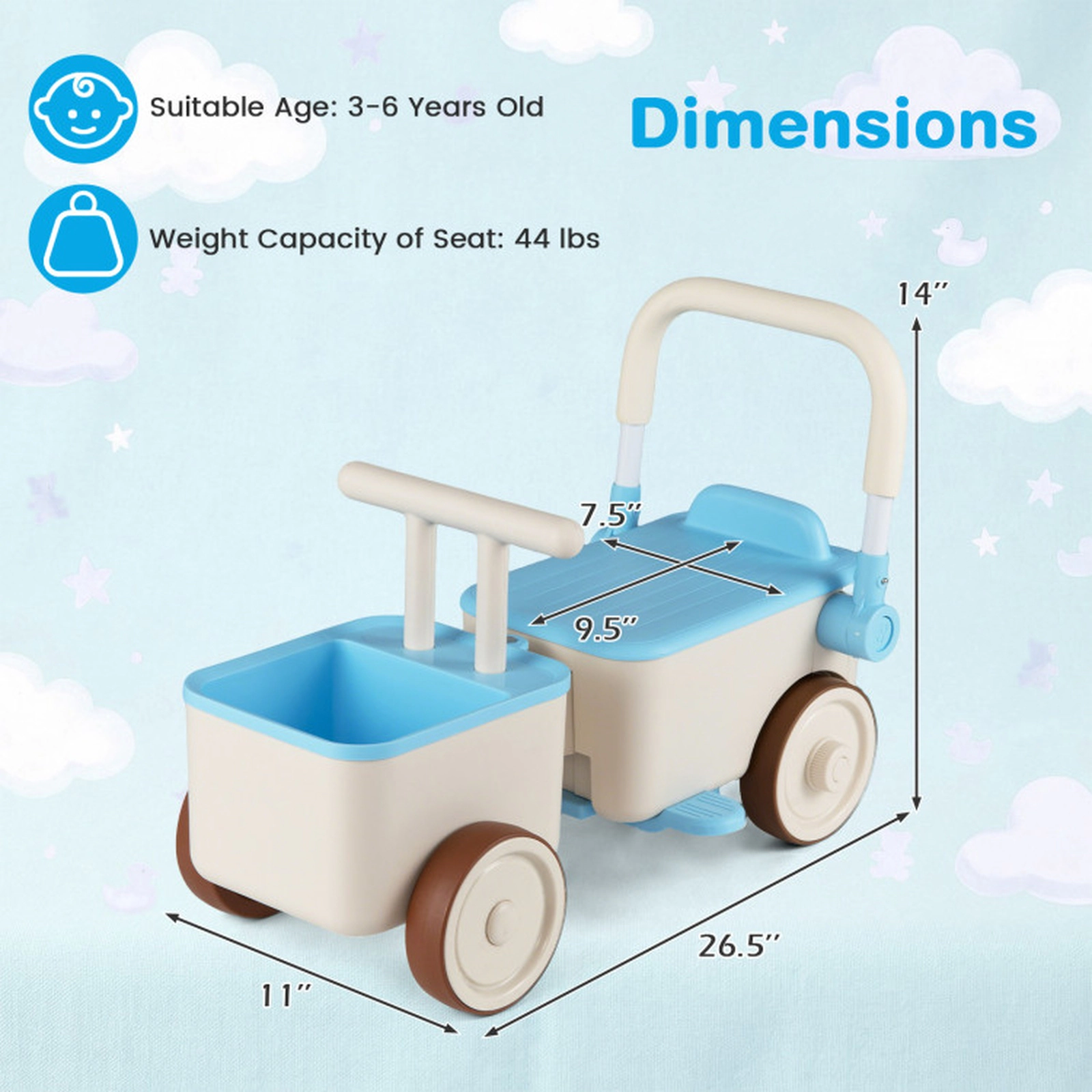 SUGIFT 3-in-1 Walking Sliding Kids Ride On Push Car with Rope and Storage Basket 44-lb Seat Capacity Ages 3-6 Blue