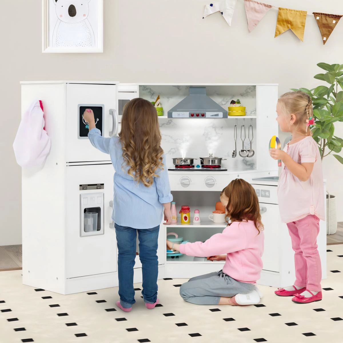SUGIFT Corner Pretend Kitchen Playset with Separated Washing Basin and Accessories for Ages 3+ Coffee/White