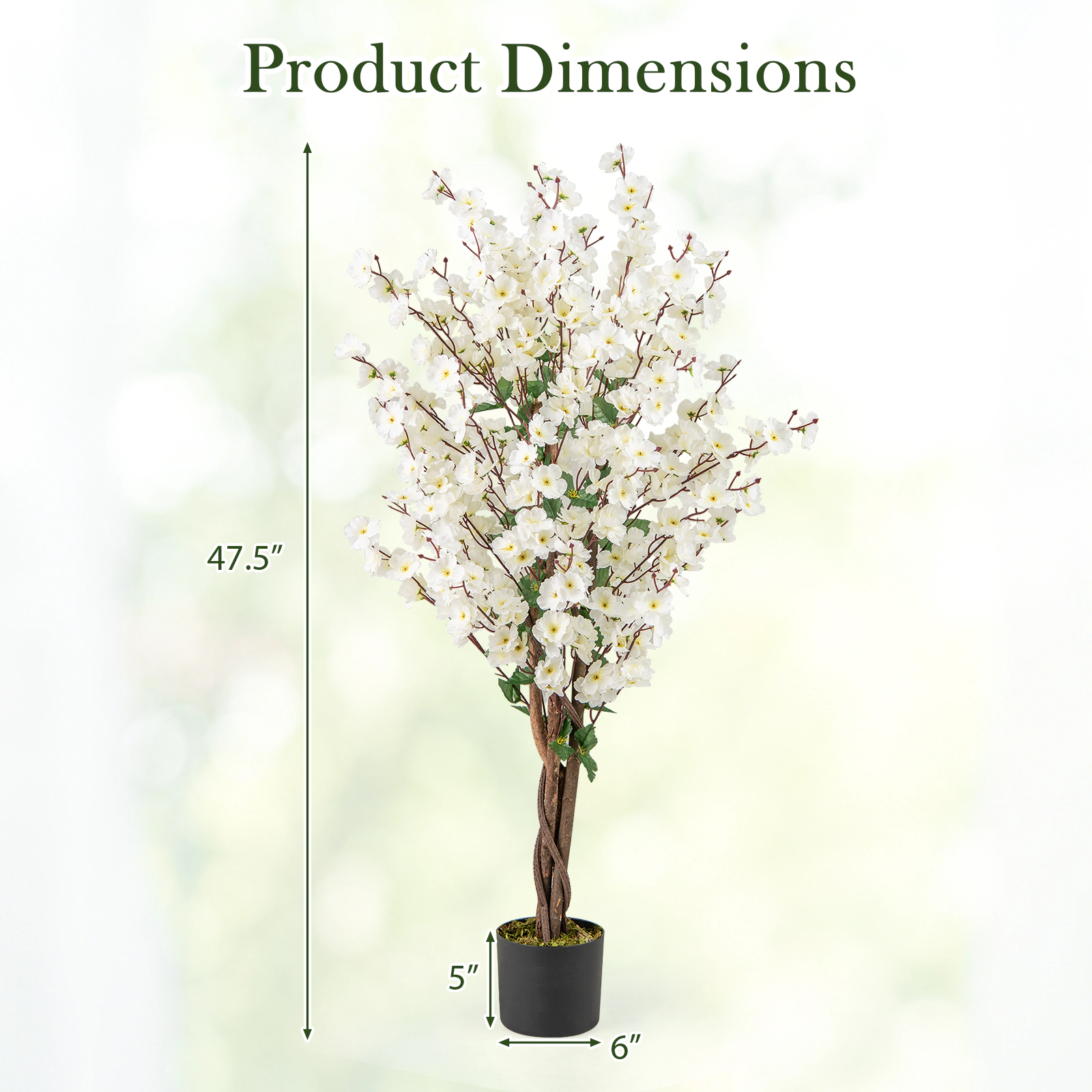 Slickblue 47 inch Artificial Plum Blossom Tree with White Fabric Blossoms and Wood Trunk