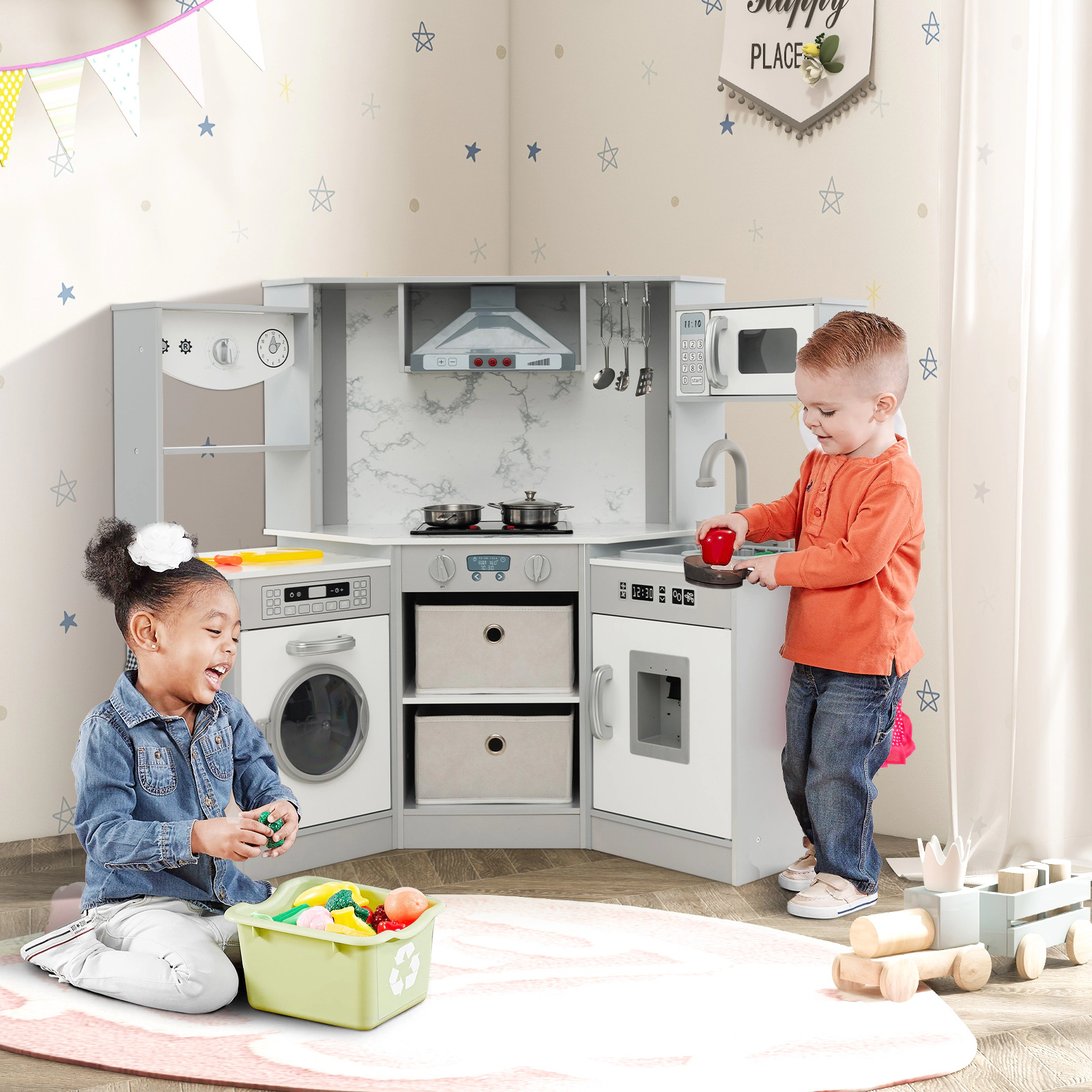 SUGIFT Wooden Kids Play Kitchen Playset with Realistic Lights and Sounds 40-in Wide MDF for Ages 3+ Gray/Coffee