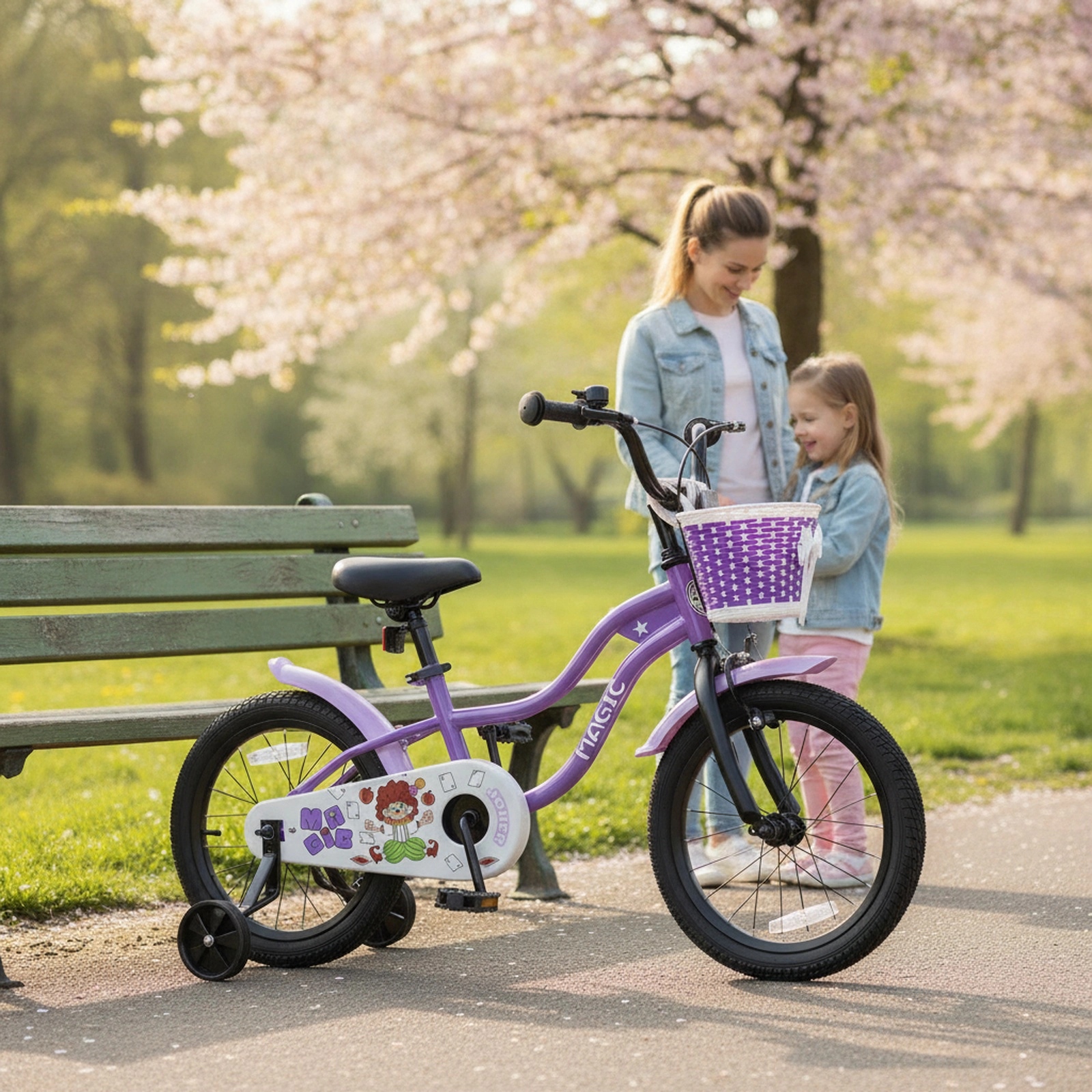 16-in Kids Bike Removable Training Wheels and Front Basket Ages 4-7 with Adjustable Saddle and Pneumatic Tires Purple