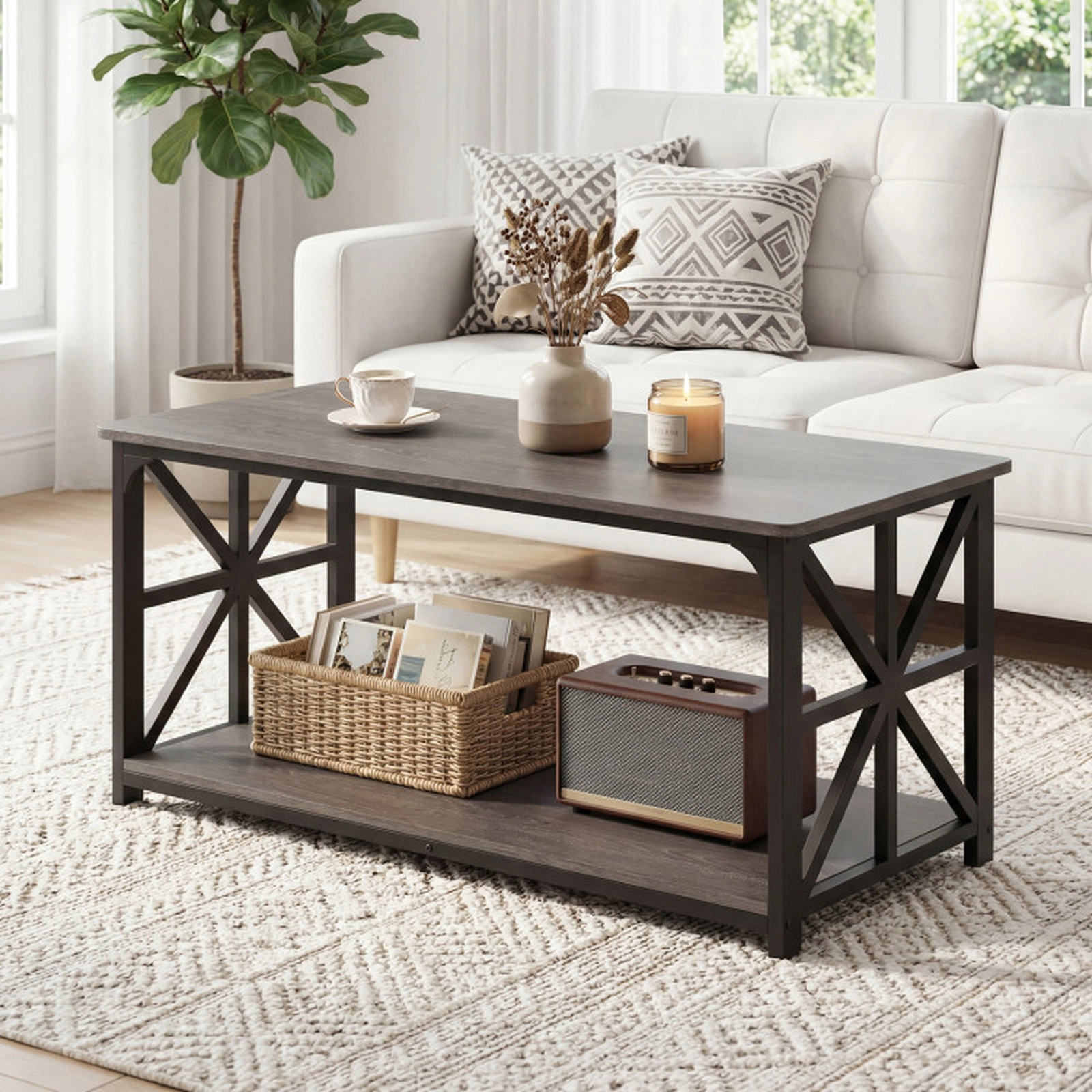 SUGIFT 43-in 290-lb Overall Capacity 2-Tier Oak Farmhouse Coffee Table with X-Shaped Carbon Steel Frame