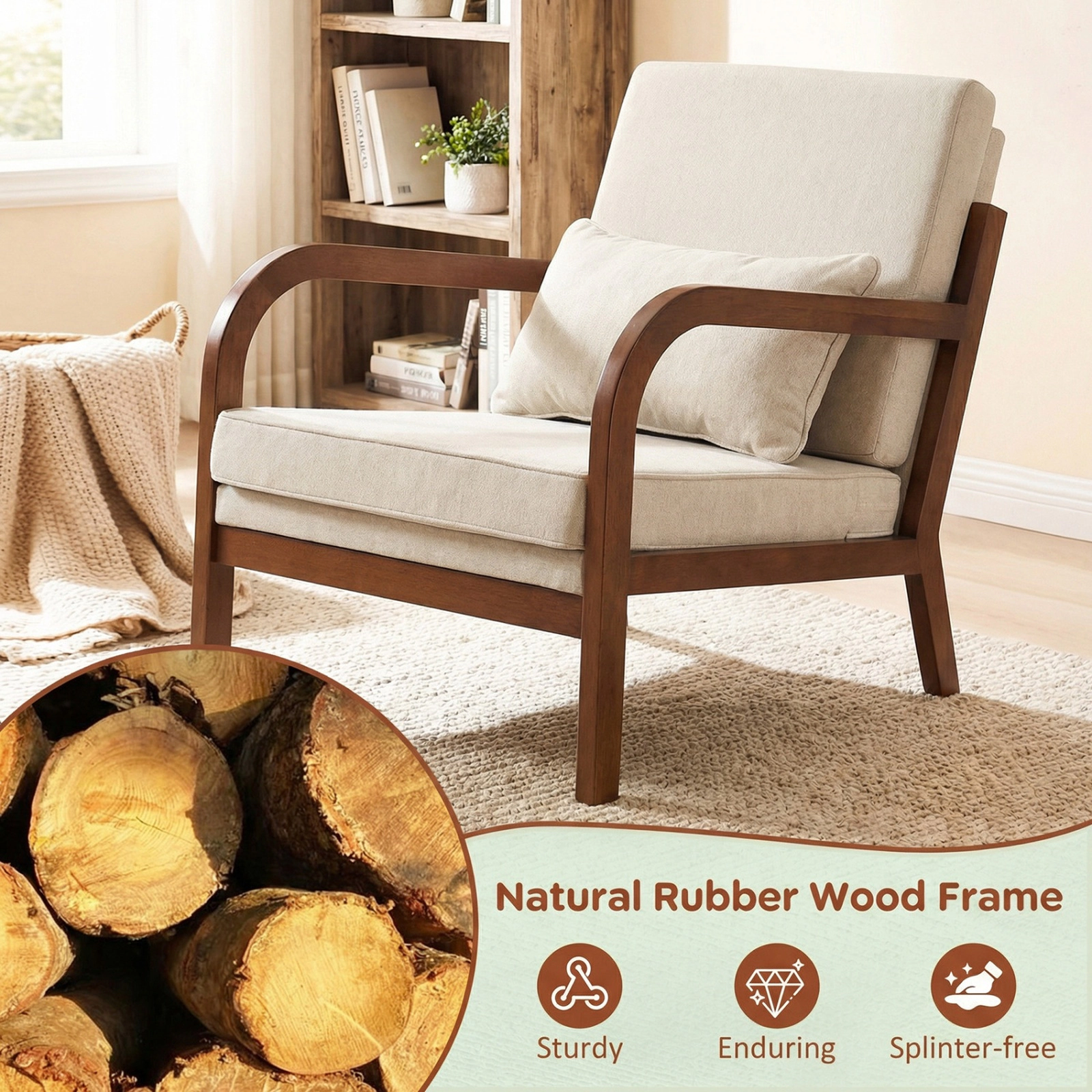 SUGIFT Modern Rubber Wood Accent Armchair Faux Leather Linen Upholstery 400-Lb Capacity 33-in Frame Brown Beige 1-Piece