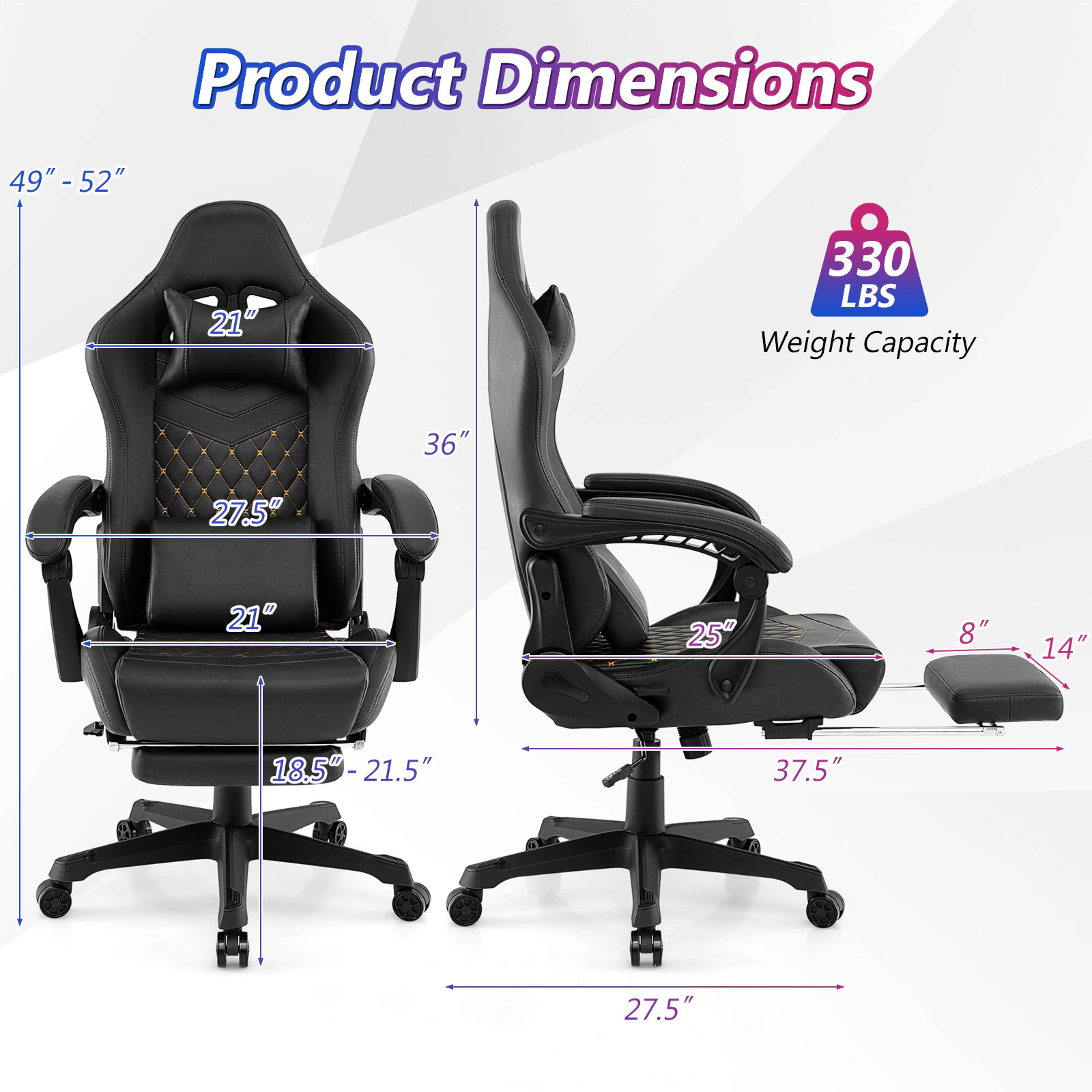 SUGIFT High Back Headrest Lumbar Pillow Reclining Video Game Computer Chair 27.5-in x 27.5-in x 49-in 330-lb Black