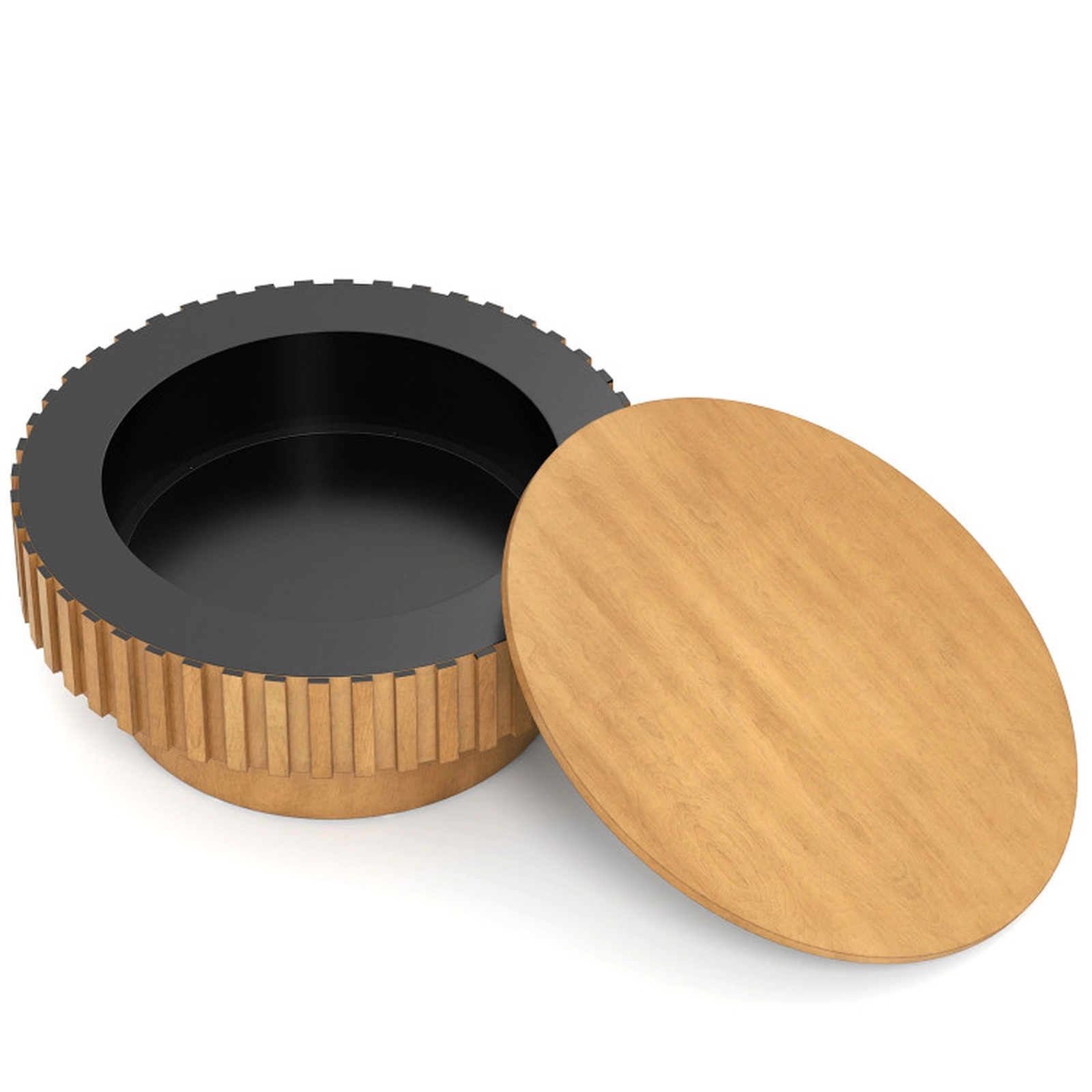 SUGIFT 31-in Round 265-lb Capacity Natural Wooden Drum Coffee Table with Hidden Storage Compartment