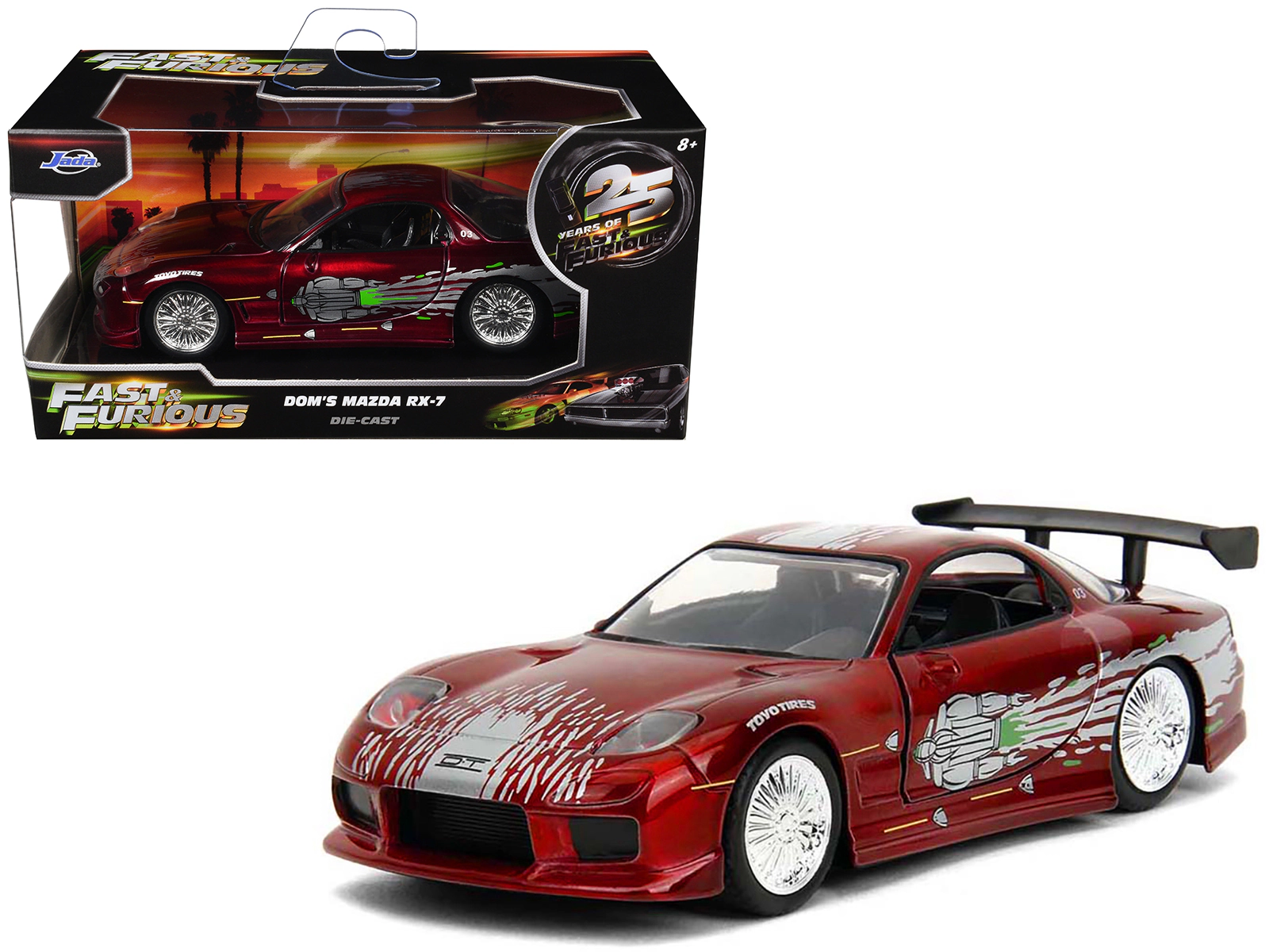 Jada Dom's Mazda RX-7 Candy Red with Graphics "The Fast and the Furious" (2001) Movie "25 Years of Fast &