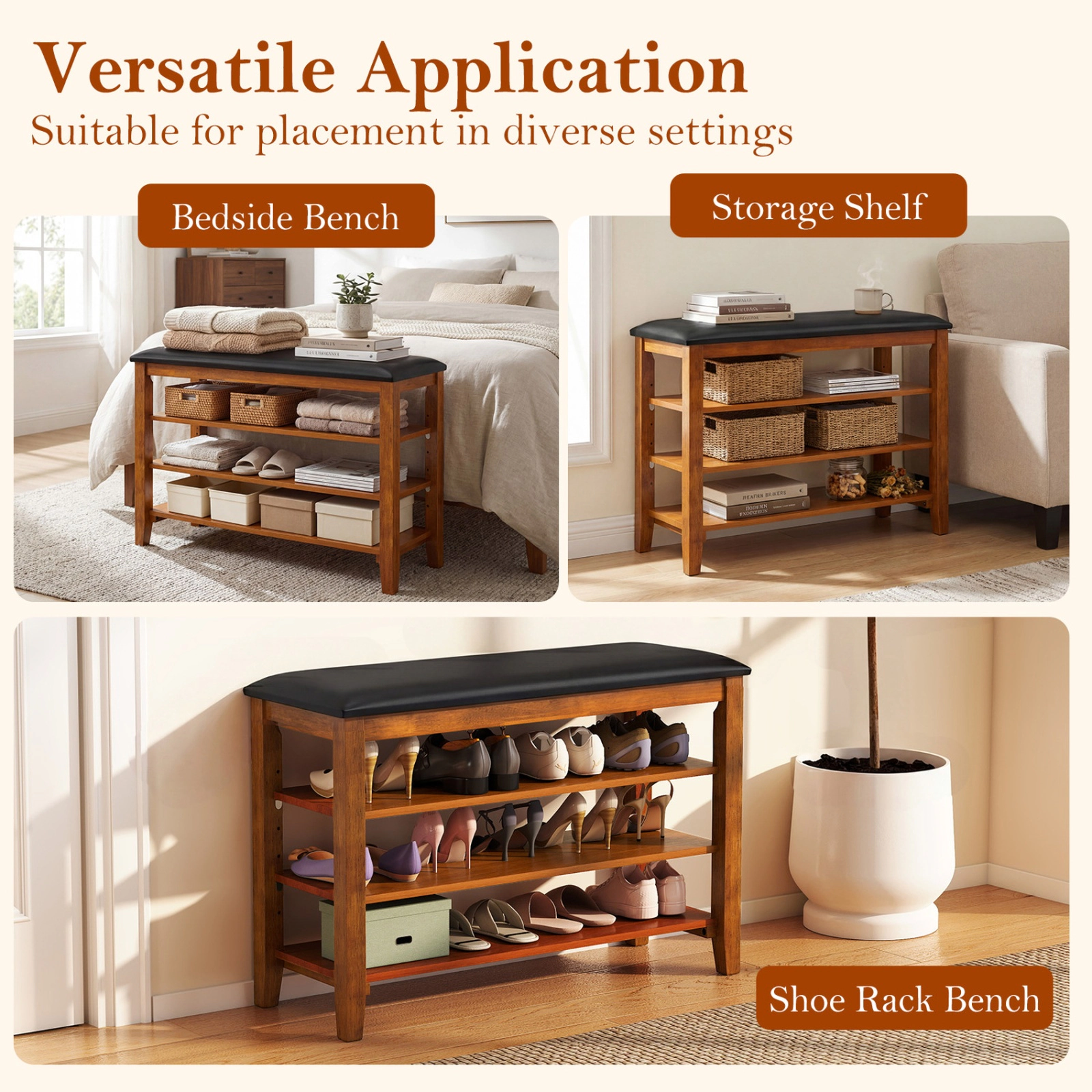 SUGIFT 3-Tier Shoe Rack Bench with Adjustable Shelves and Soft Cushion 31.5-in Frame 300-lb Top Capacity Brown + Black