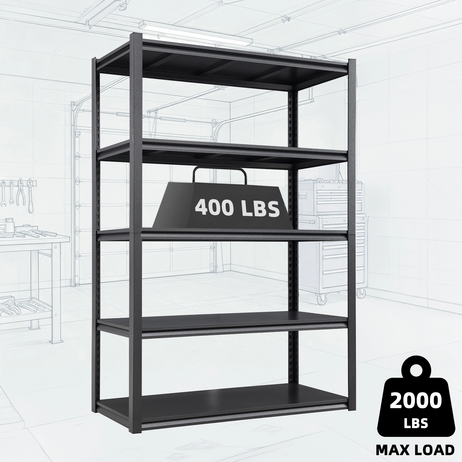 Flynama 5-Tier Heavy Duty Steel Boltless Adjustable Storage Rack in Black (47.2 in. W x 72 in. H x 23.6 in. D)