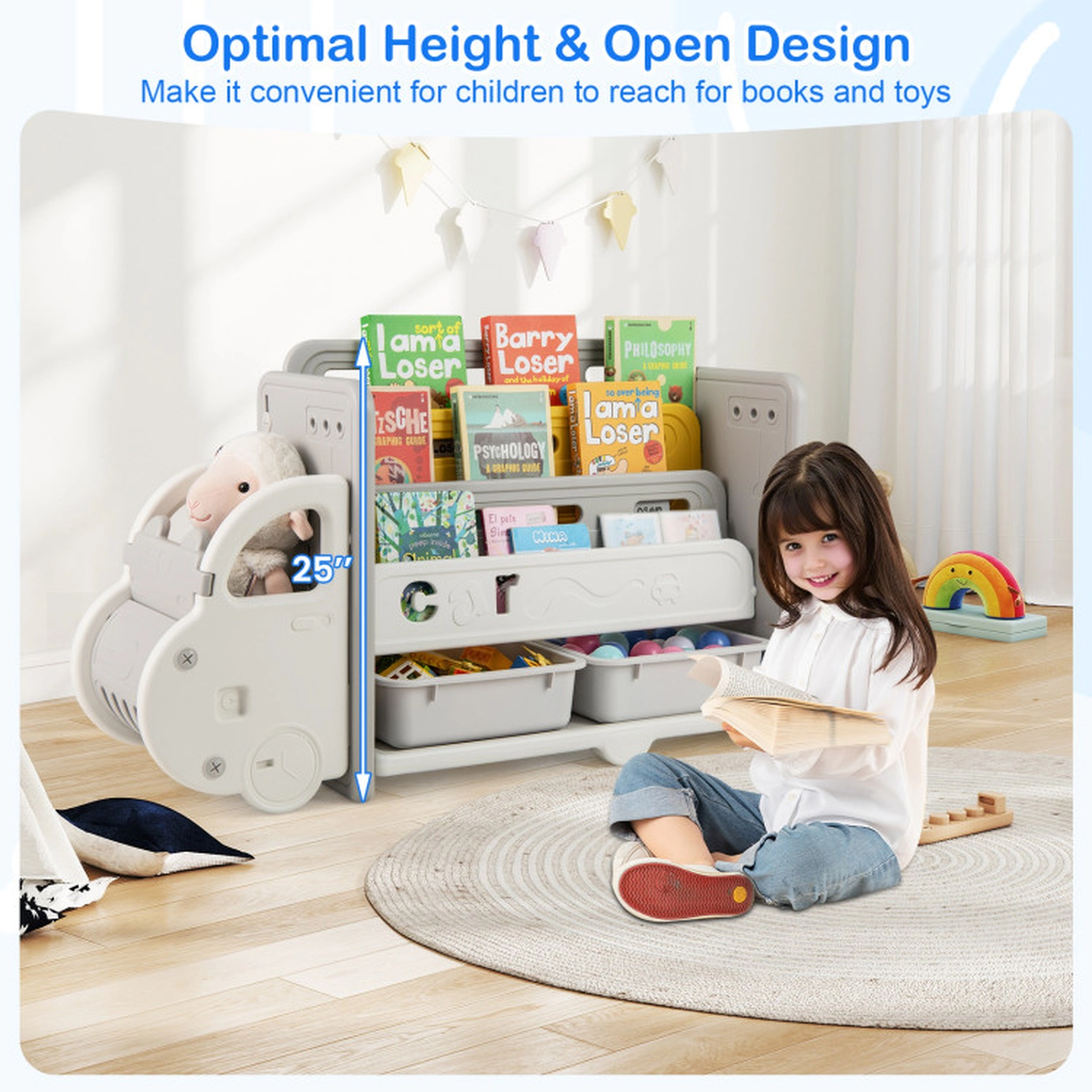 SUGIFT Kids Car Shaped 3-Tier 2 Removable Boxes Toy Storage Bookshelf 42.5-in x 14-in x 25-in Ages 3+ Beige Gray