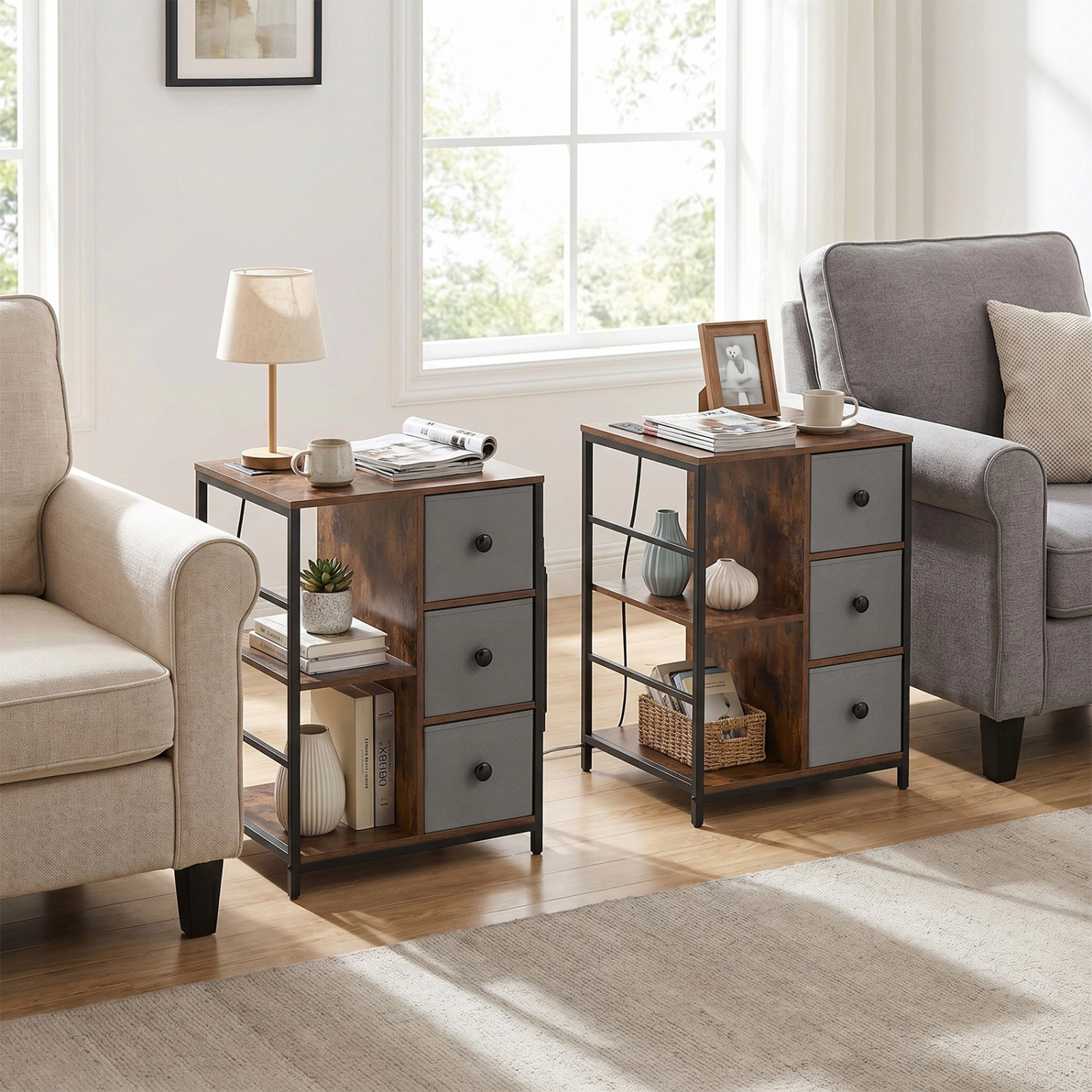 SUGIFT Industrial Nightstand Rustic Brown with Charging Station Fabric Drawers and Side Pockets