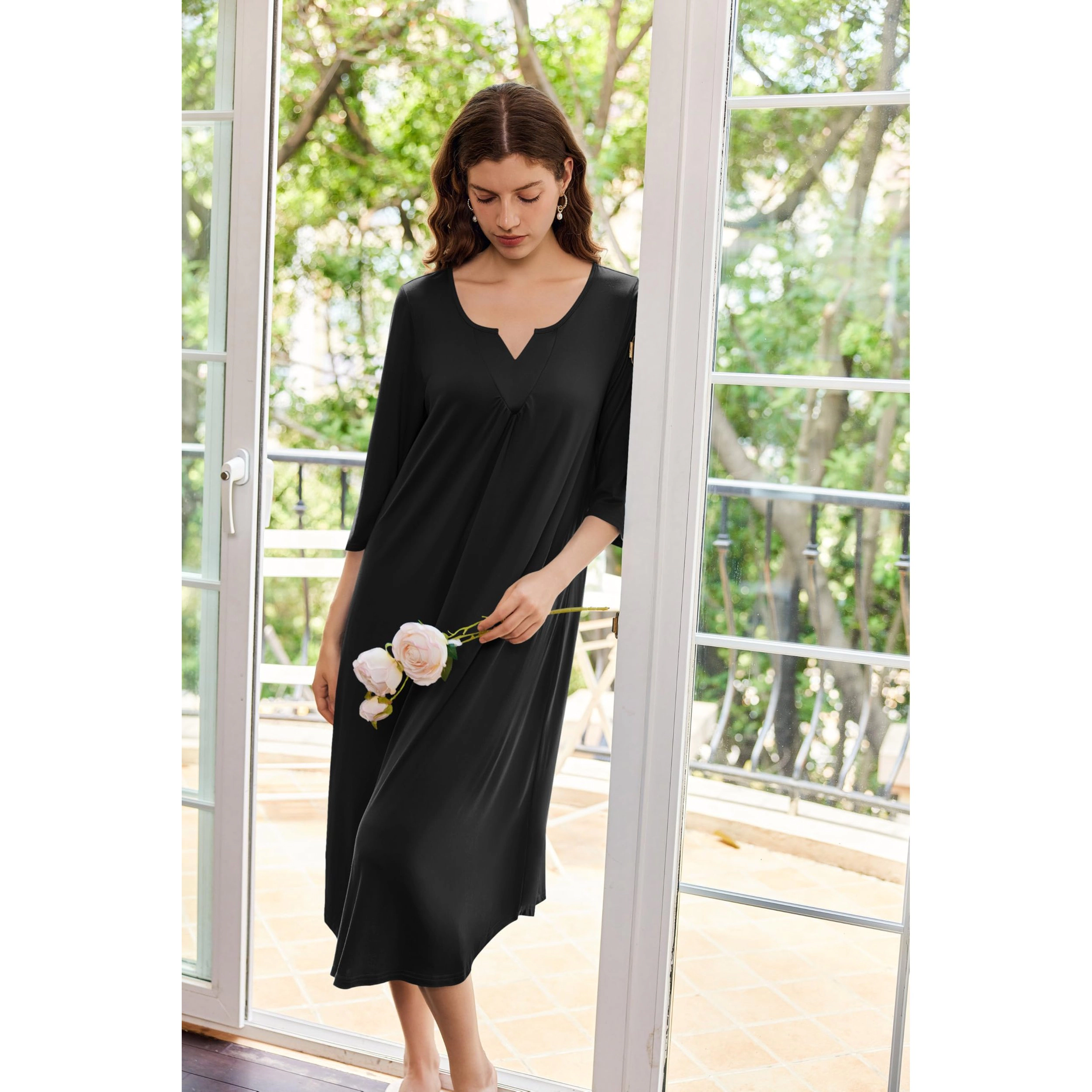 Ekouaer Long Nightgown for Women 3/4 Sleeves Nightshirt Maxi Sleep Dress Loungewear Length Sleepwear