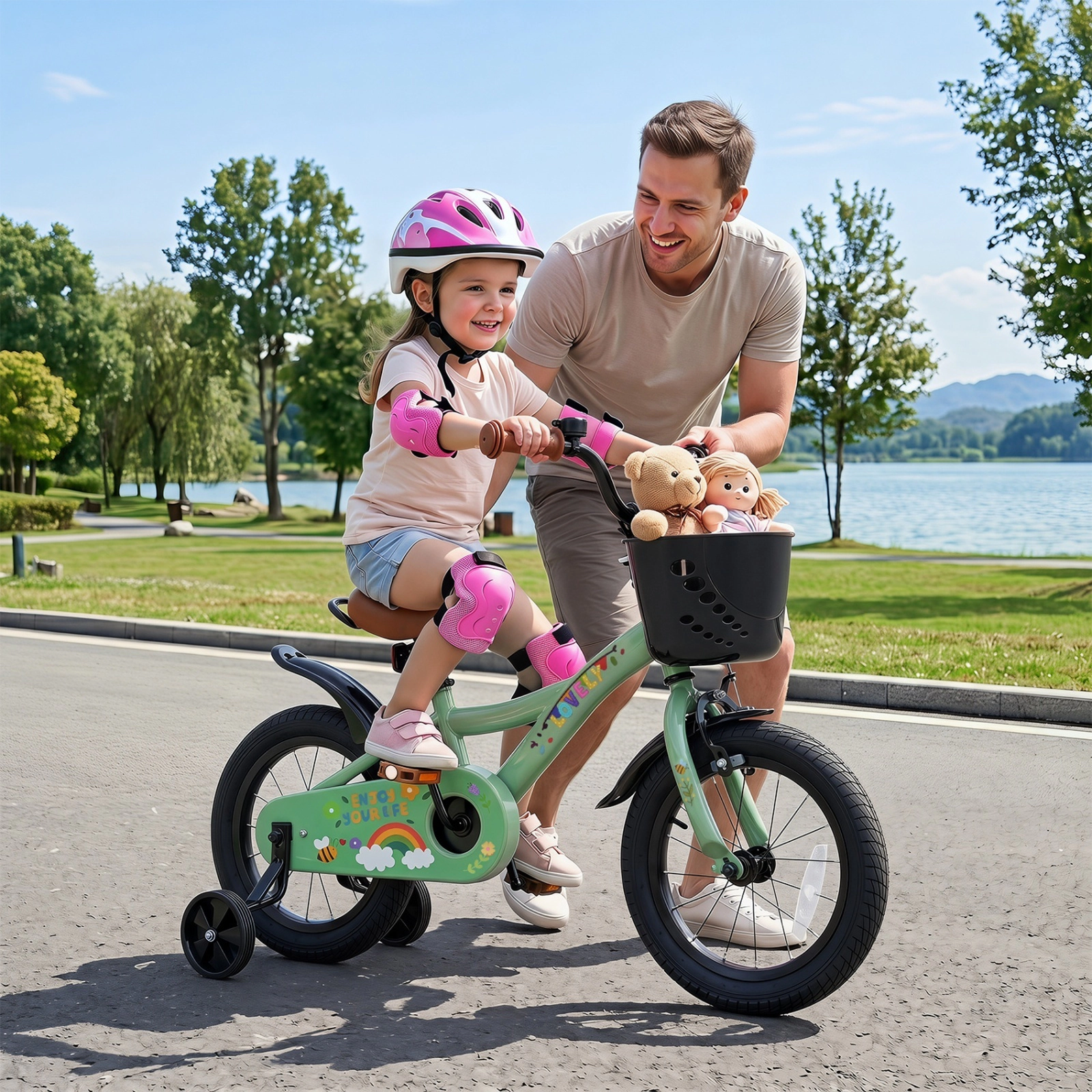 14-in Girls Bike with Front Basket Carry Handle and Removable Training Wheels for Ages 3-5 Mudguards and Bell Bicycle