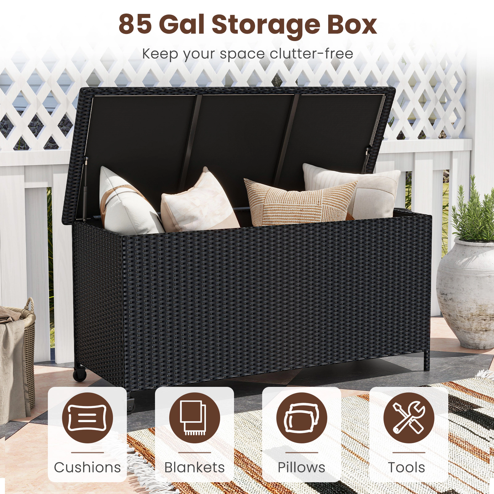 SUGIFT Black 85-Gallon Wicker Outdoor Deck Box with Waterproof Liner Gas Strut Lid and 2 Wheels