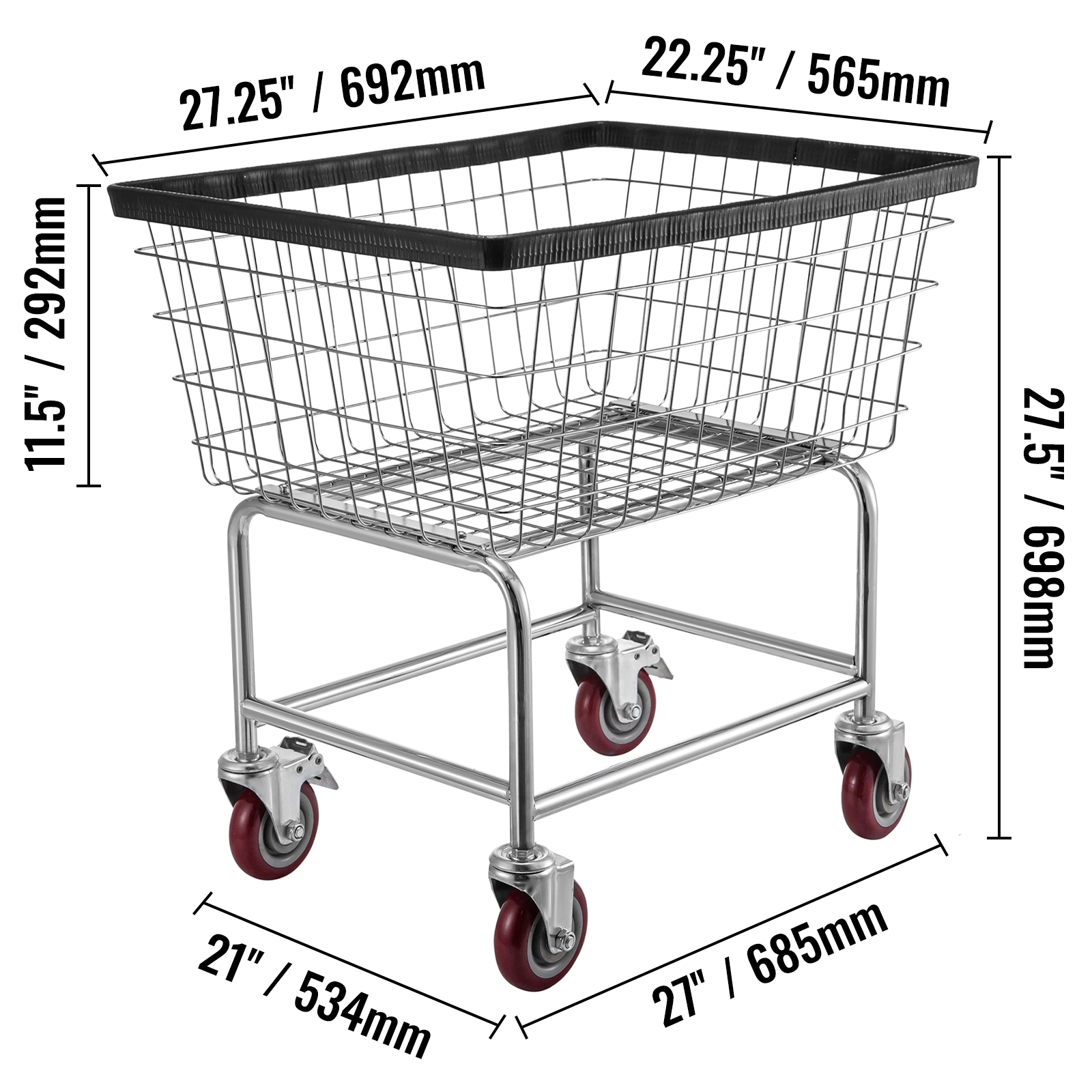 HONGGE Commercial Wire Laundry Cart with Wheels, 2.5 Bushel Steel Basket, 26.7 x 21.7 x 26.4 Inch