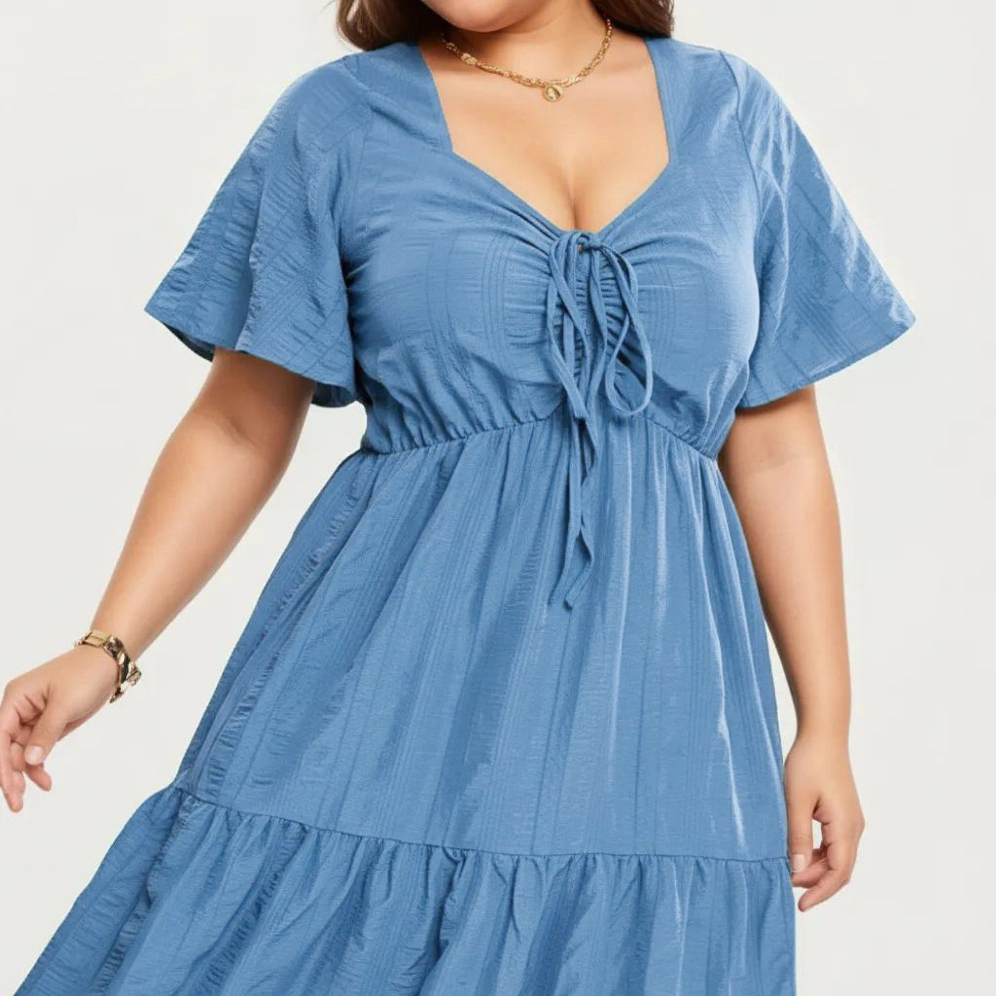Anna-Kaci Women's Plus Short Sleeve V Neck Front Tie Elastic Waist Tiered Maxi Dress