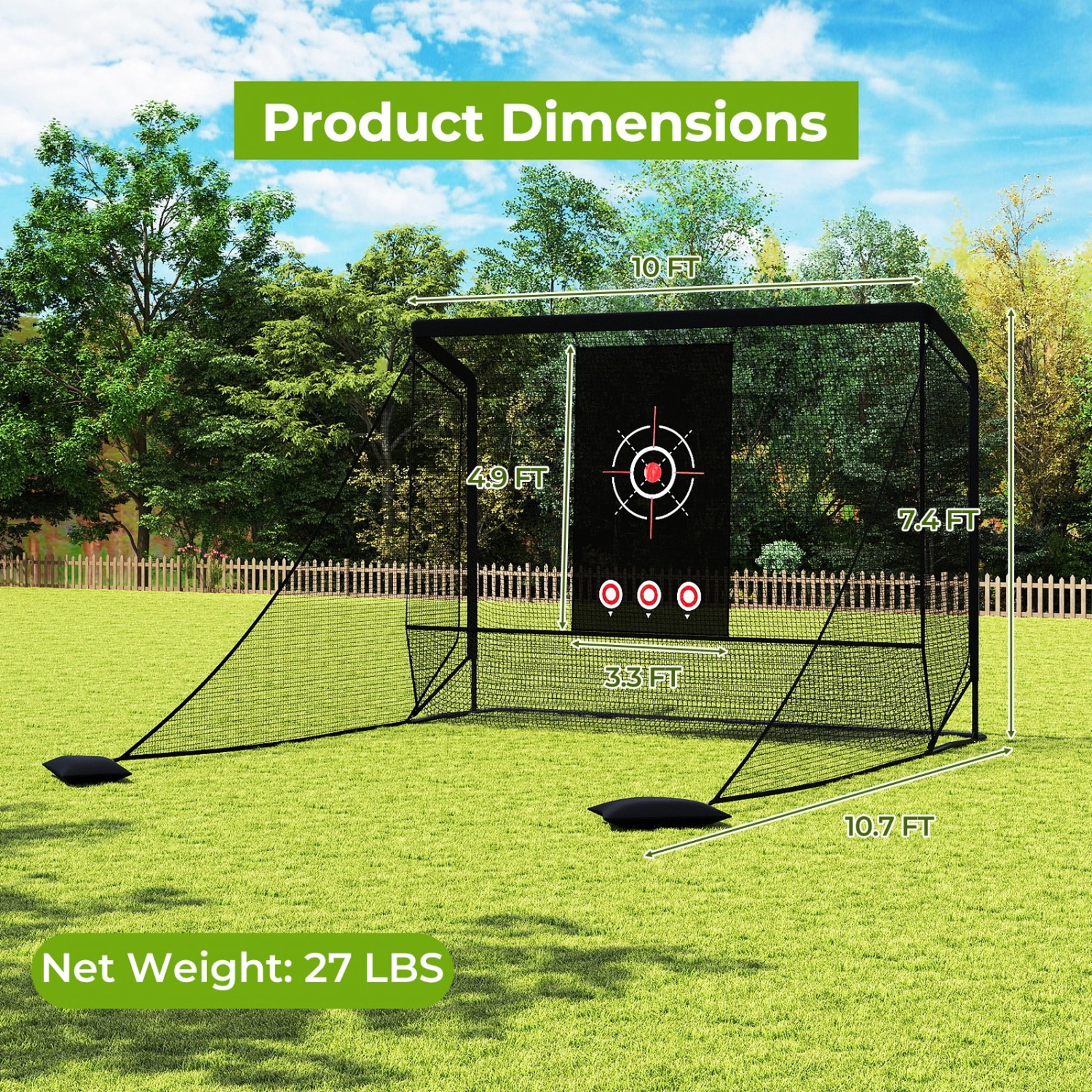 SUGIFT Dual Side Barriers and Target Cloth 10.7 ft Cage Adult Golf Practice Hitting Net