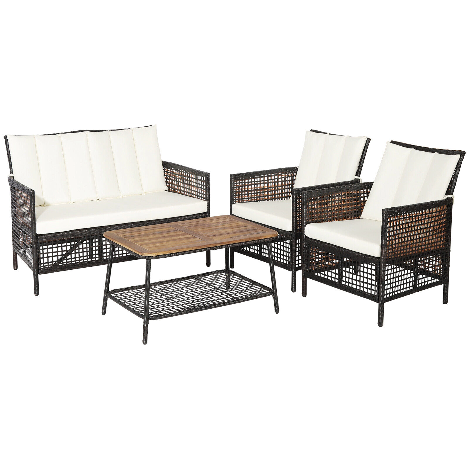 SUGIFT Patio Conversation Set Loveseat & 2-Tier Coffee Table 170-lb Tabletop Capacity Mix Reddish Brown Rattan Off White