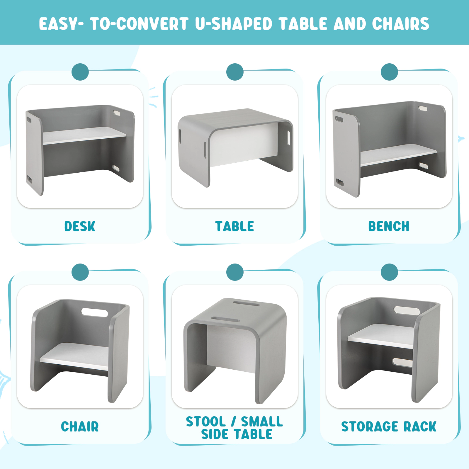 SUGIFT 3-Piece Kids Birchwood Table and Chair Set 220-lb Table 110-lb Chair Ages 2-9 Gray