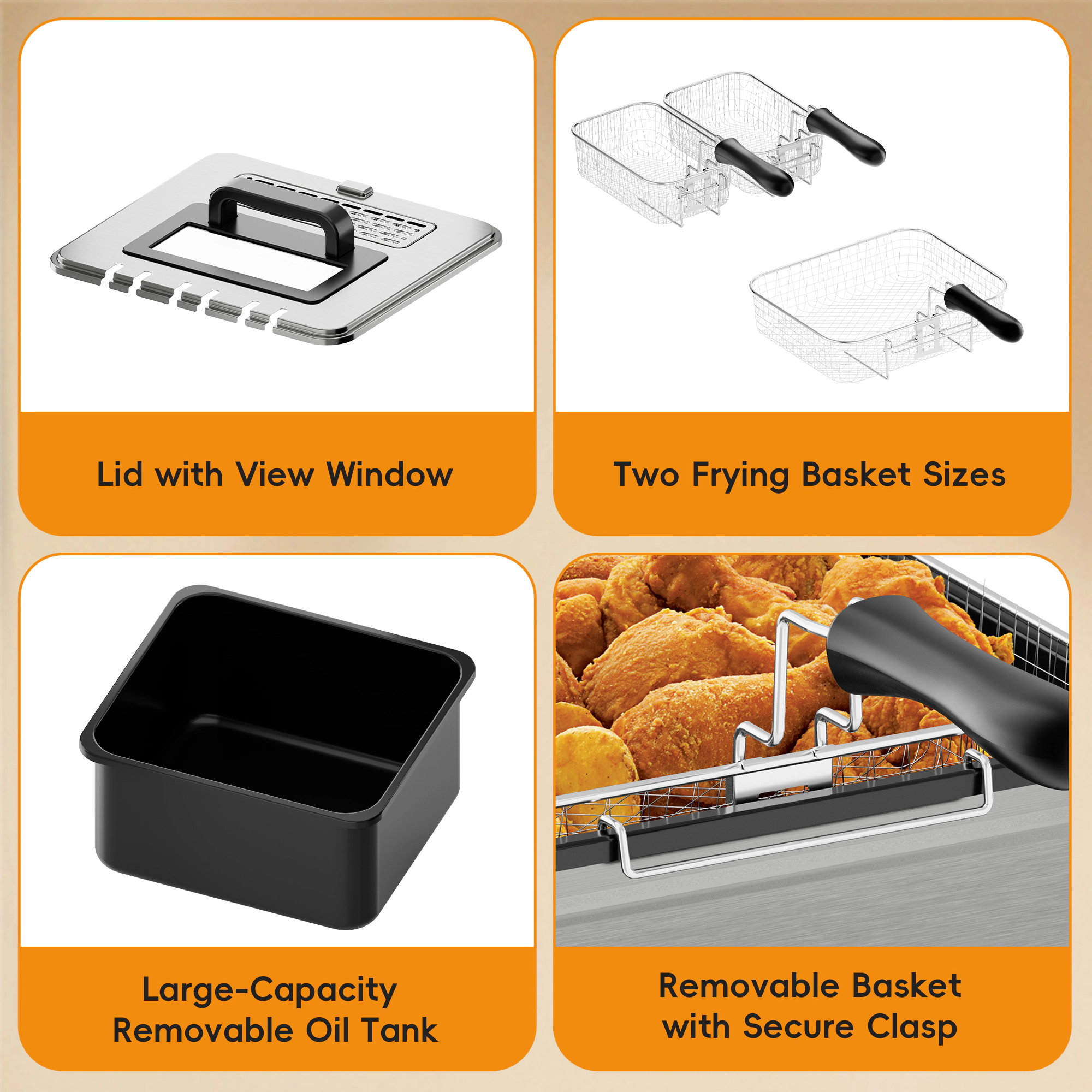 WHALL - 5.3QT Electric Deep Fryer, 1700W Electric Oil Fryer, Triple Baskets, Adjustable Temp,View Window
