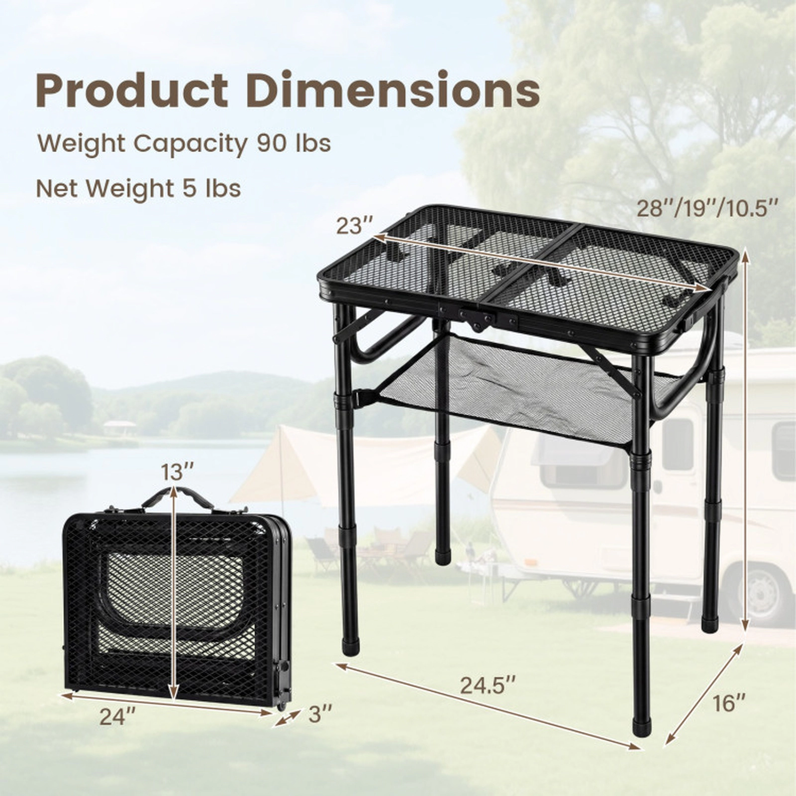 SUGIFT Black 90-lb Capacity 3-Height Adjustable Folding Aluminum Camping Table with Mesh Top and Storage Net
