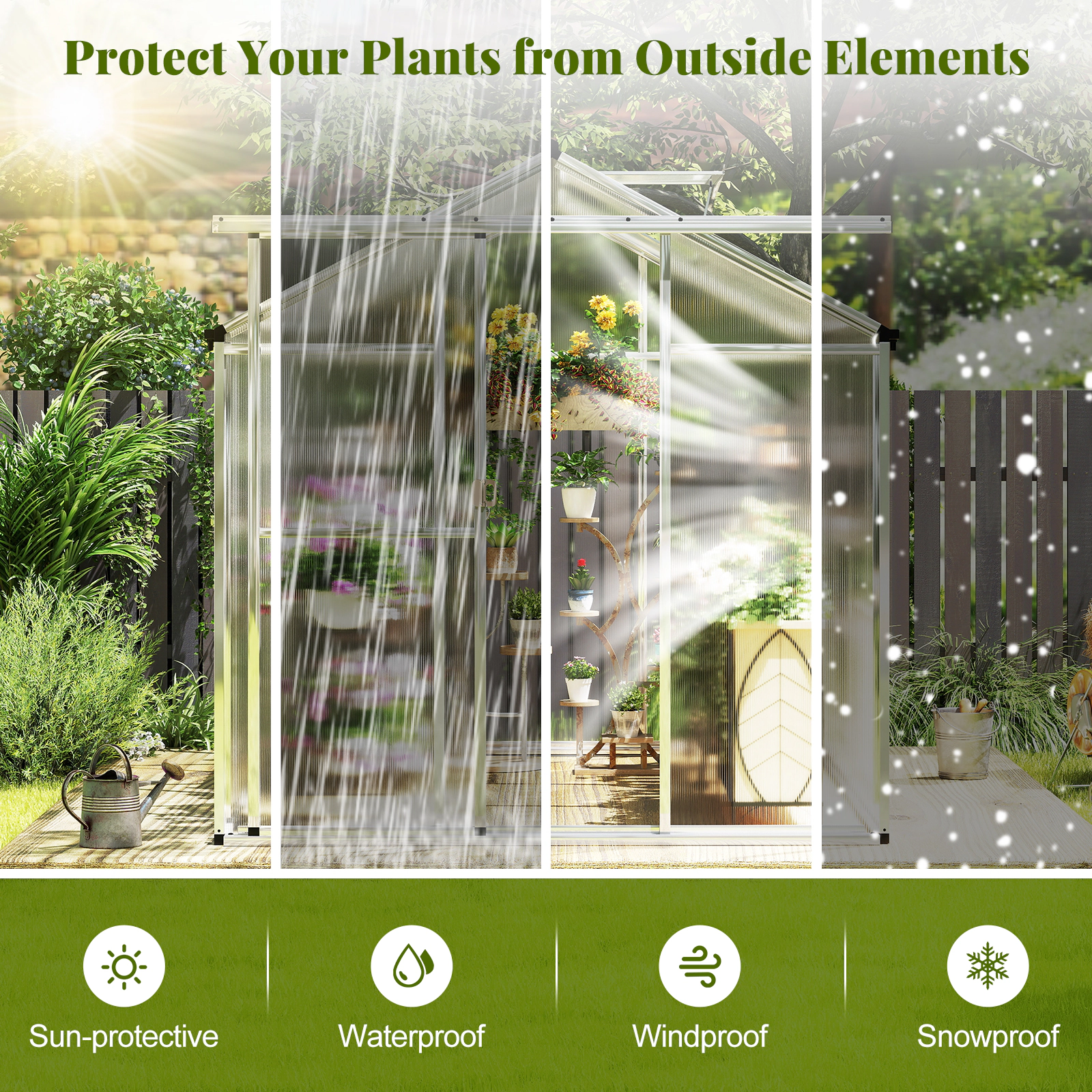 SUGIFT Large Walk-in Polycarbonate Greenhouse with Rain Gutters 6.5-ft Tall Transparent+Silver
