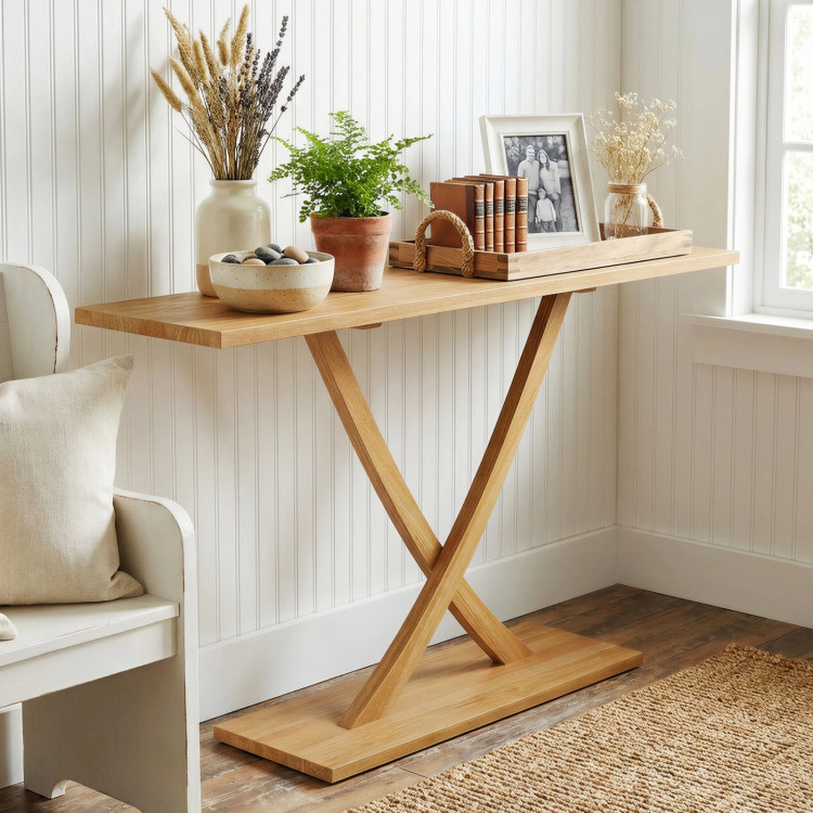 SUGIFT Solid Teak Wood Geometric X Frame 1.2-in Thick Top Console Table 57-in x 12-in x 32-in 110-lb Capacity Natural