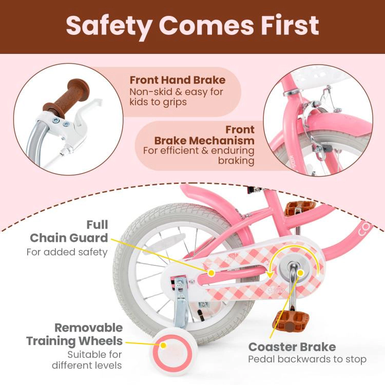 SUGIFT Peach Training Wheels Removable Storage Basket and Padded Seat Kids Bike