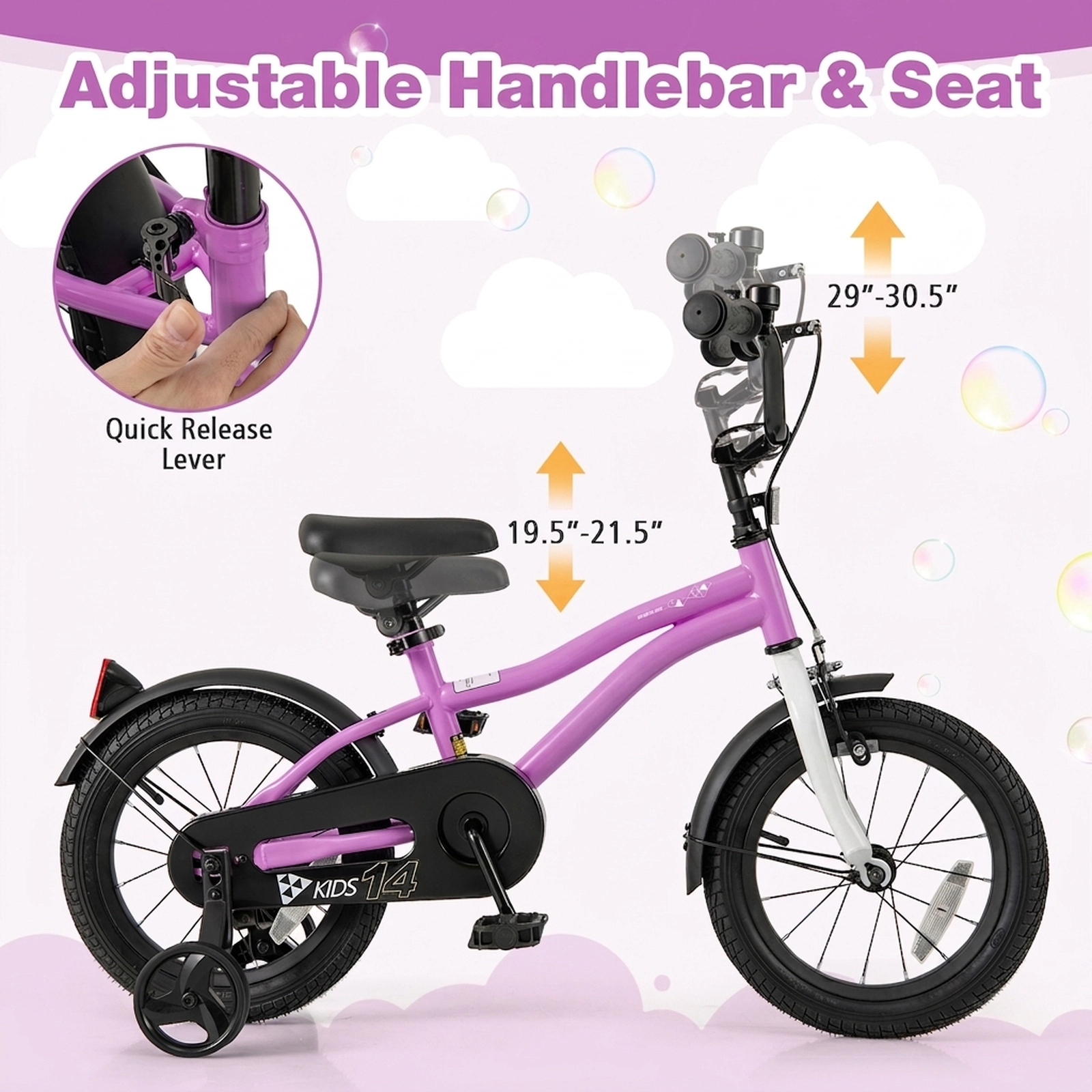 14-in Kids Bicycle Quick Release Seat Clamp Detachable Training Wheels Anti Puncture Tires Bell Ages 3-5 Purple