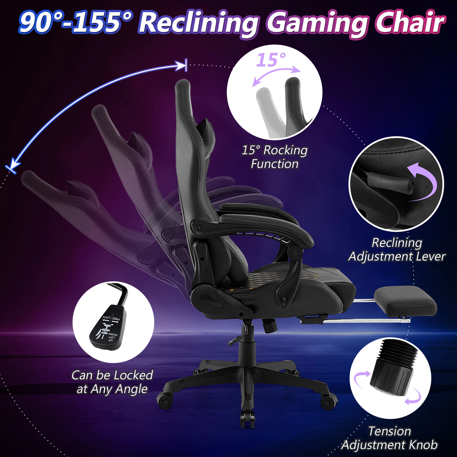 SUGIFT High Back Headrest Lumbar Pillow Reclining Video Game Computer Chair 27.5-in x 27.5-in x 49-in 330-lb Black