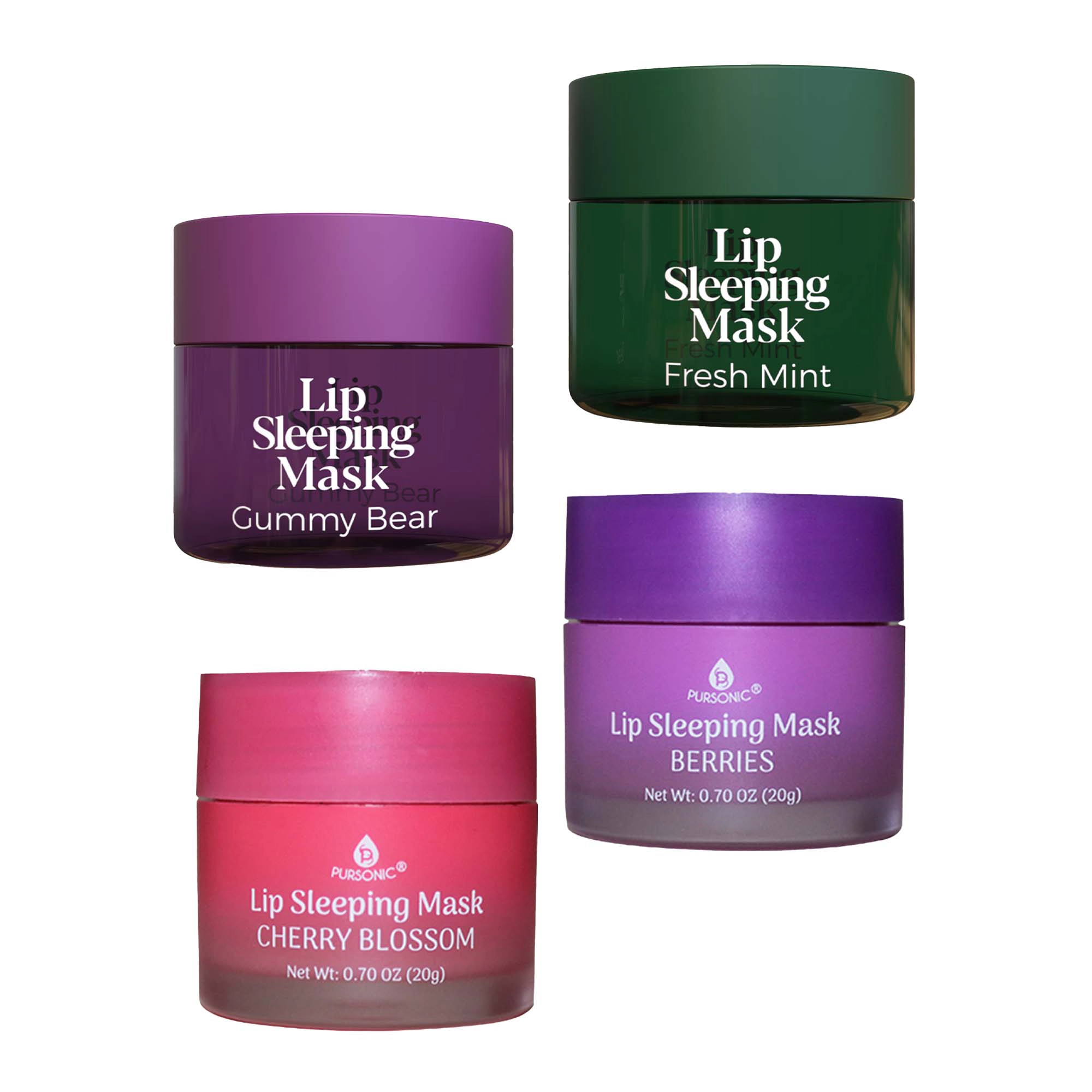 Pursonic Women's Hydrating Lip Care Bundle: Overnight Repair Lip Masks, Cherry Blossom, Berries & Mint 4-Pack