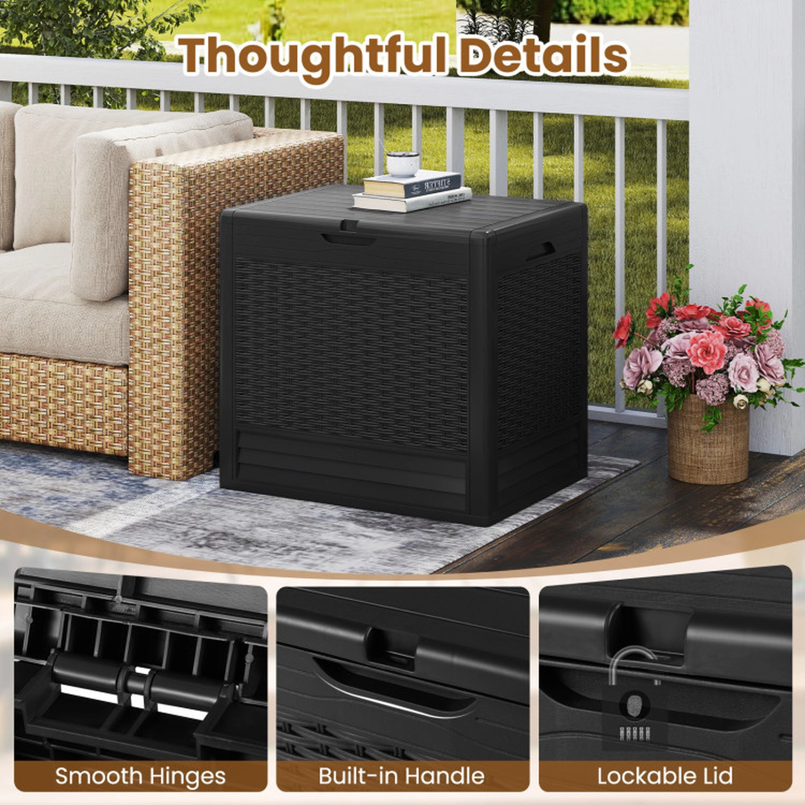 SUGIFT 25 Gallon Outdoor PP Storage Box with Rattan Patterns 180-lb Capacity 23-in Long Deck Box Side Table Seat Black
