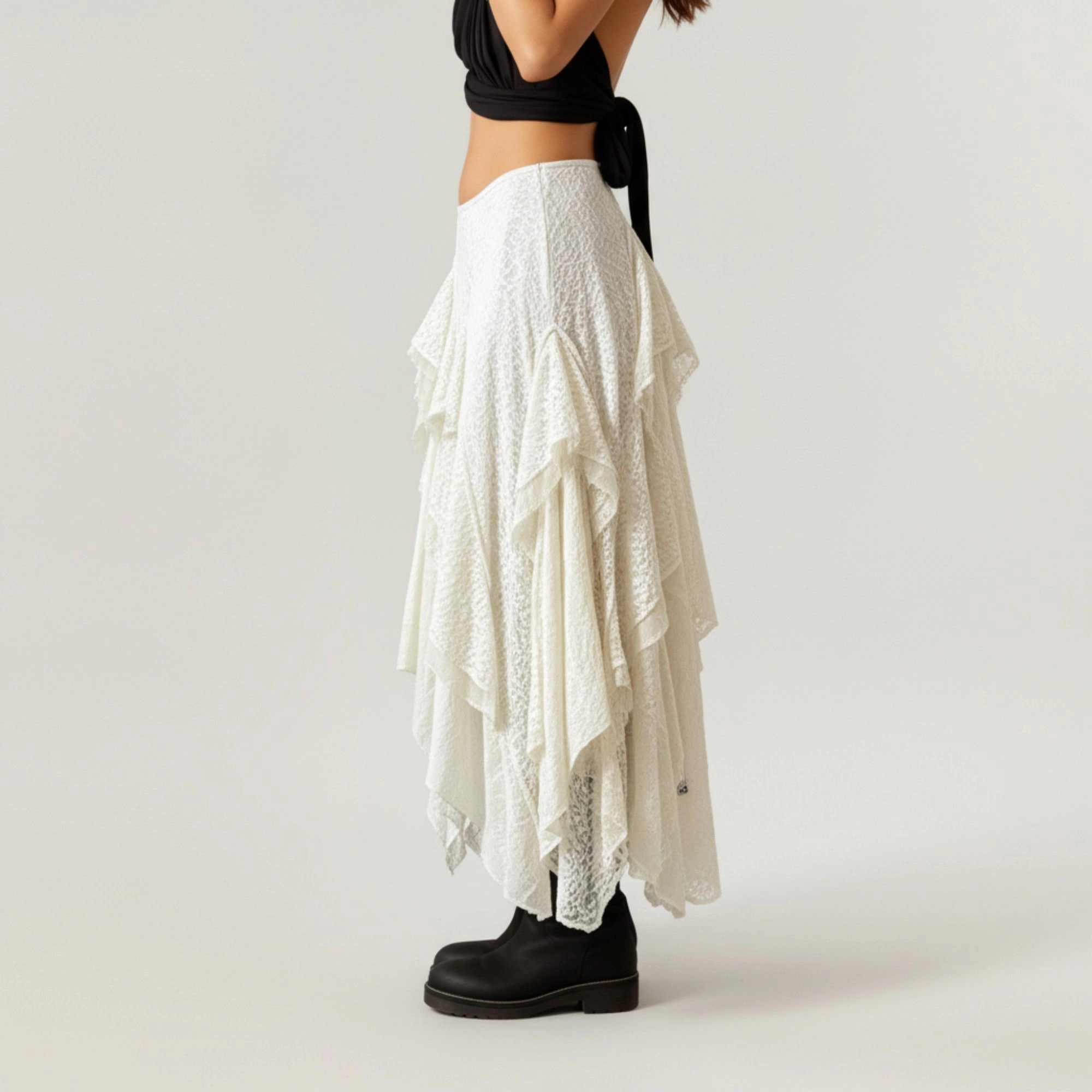 Anna-Kaci Women's Asymmetrical Layered Lace Ruffle Maxi Skirt