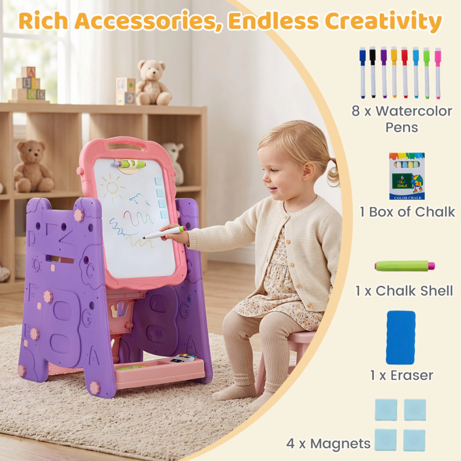 SUGIFT 4-in-1 Adjustable Art Easel for Kids with Double-Sided Magnetic Whiteboard and Blackboard Pink & Purple