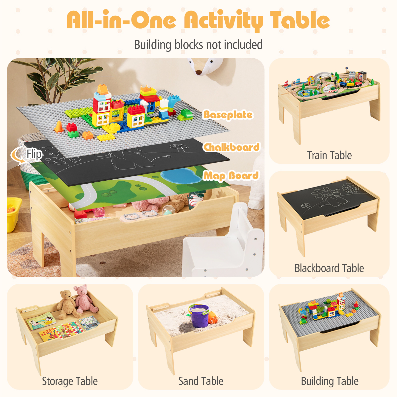 SUGIFT Wooden Train Table Activity Railway Playset Interactive Toy 55-lb Capacity Ages 18M+ Natural 31-in Top