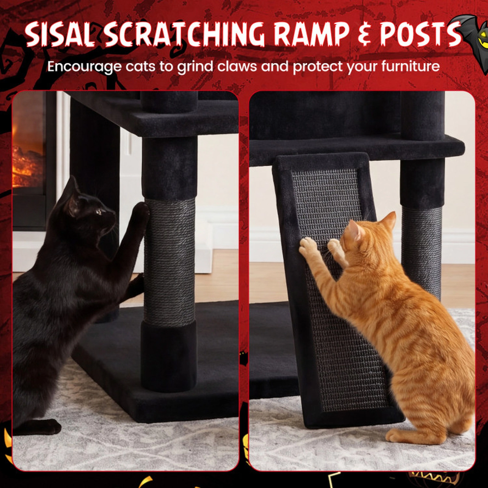 SUGIFT 50-in Gothic Cat Tree with Castle Condo Coffin Bed Rotating Basket Sisal Ramp and Anti-Tip Kit