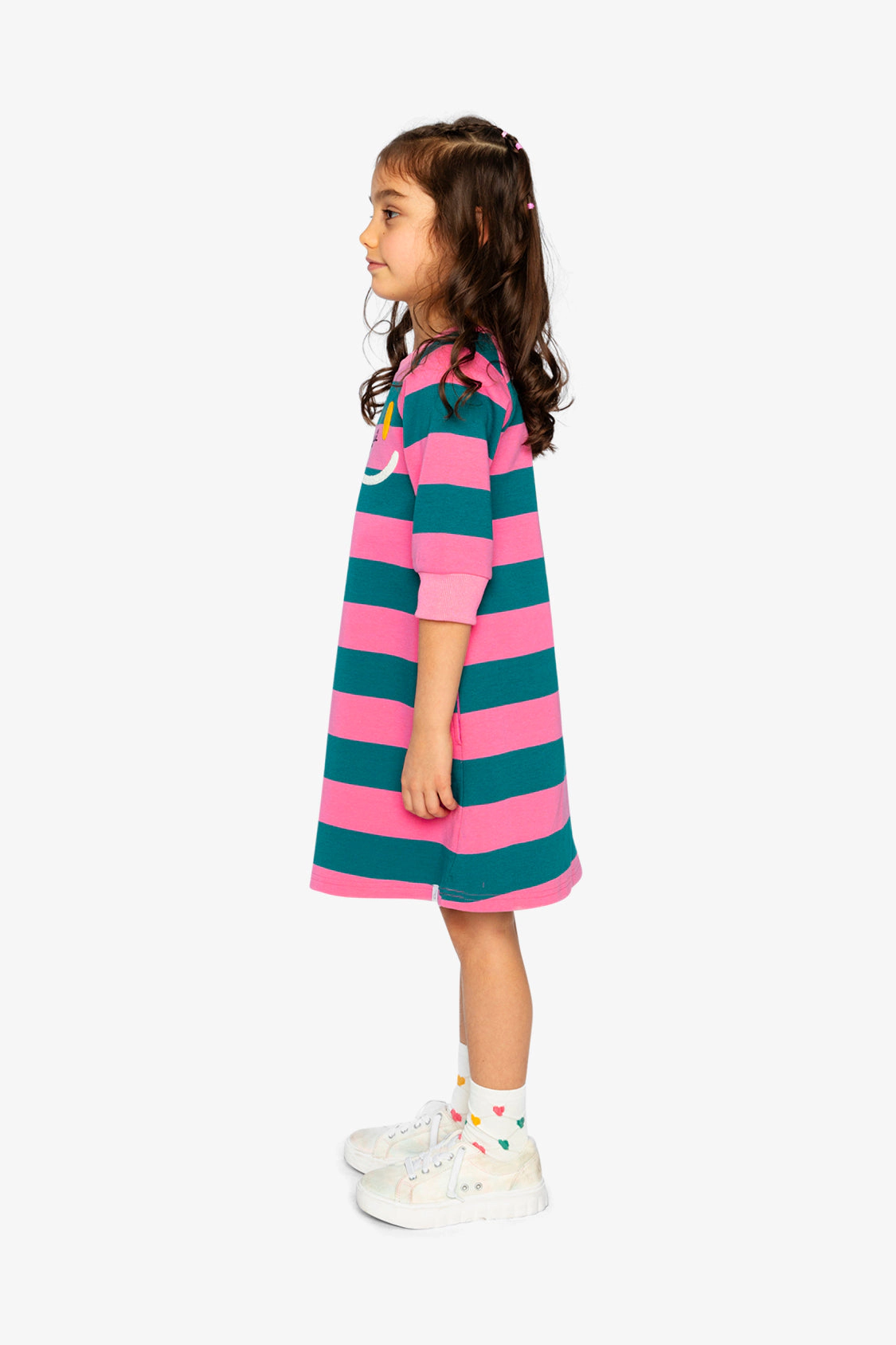Deux par Deux Girls Embroidered Short Sleeve Engineer Stripe Dress