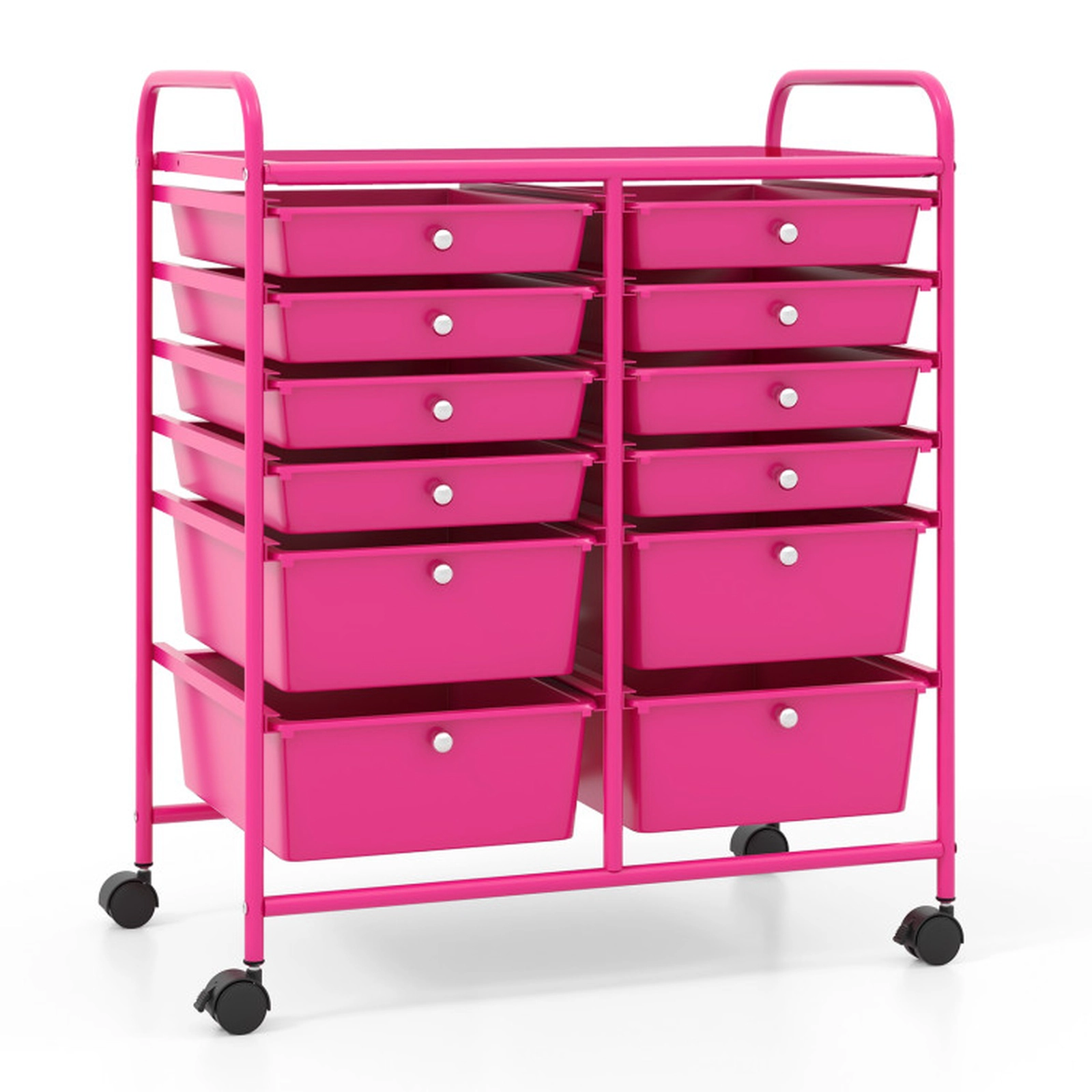 SUGIFT 12-Drawer Rolling Storage Cart Removable Drawers Metal Top 4 Casters 2 Brakes Salon Office Craft Storage Rose Red