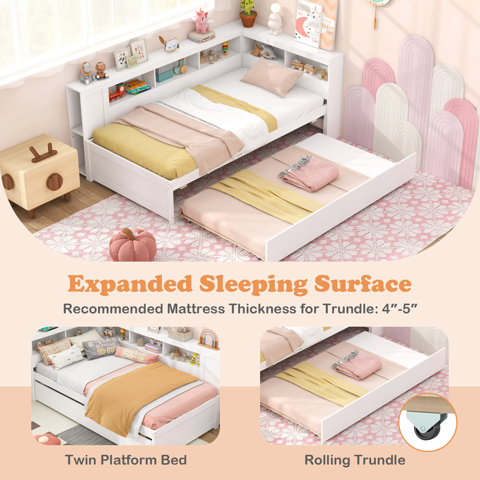 SUGIFT White Trundle Reversible Bookcase Headboard and Storage Twin Kids Daybed Frame