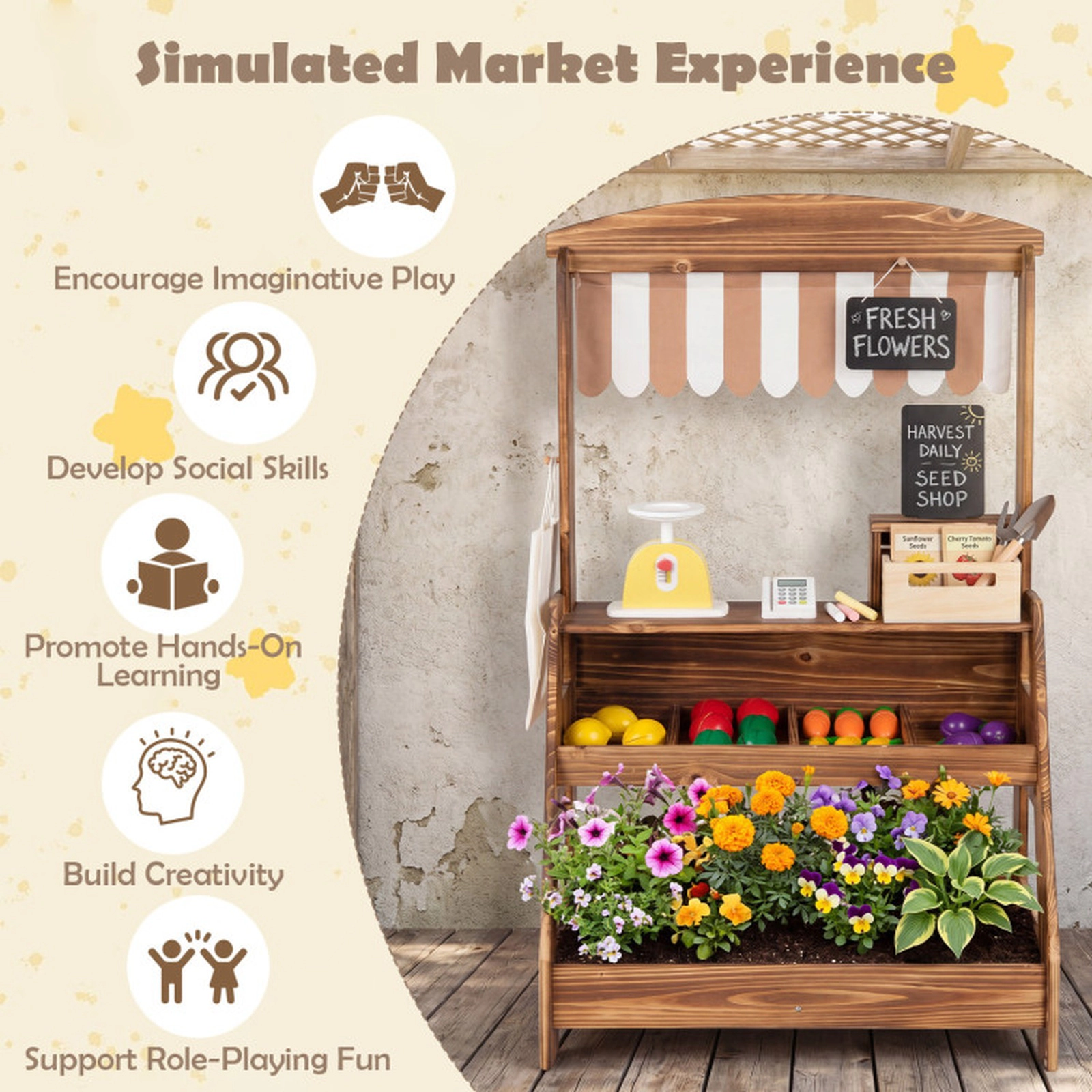 SUGIFT Brown Planter Box 2-in-1 Kids Wooden Mud Kitchen and Market Stand
