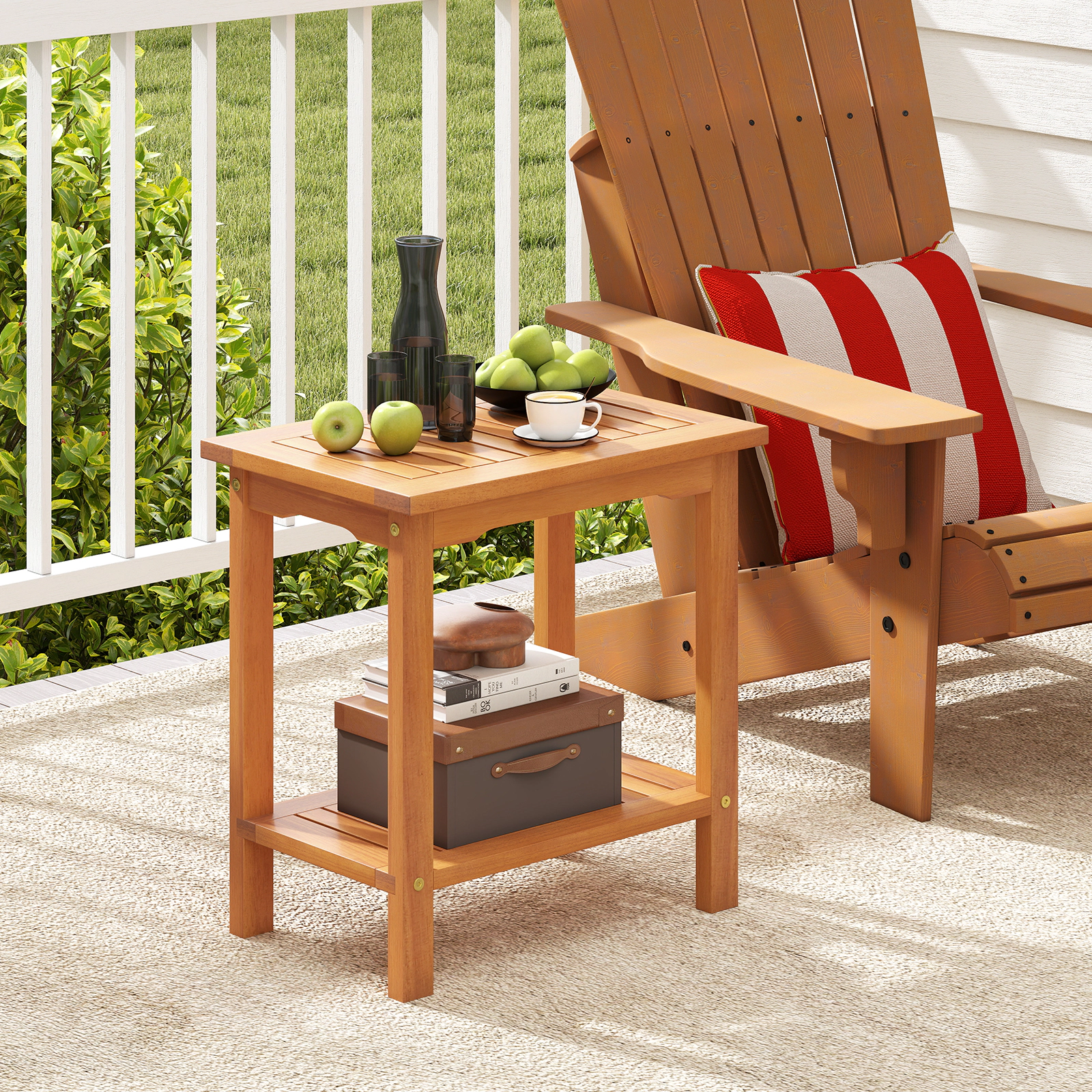 SUGIFT 19.5 in Outdoor Side Table Acacia Wood 2-Tier with Slatted Top and Storage Shelf