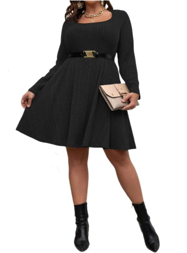 KOJOOIN Womens Plus Knit Dress Square Neck Swing Midi Curvy Textured Elegant A‑Line Dresses