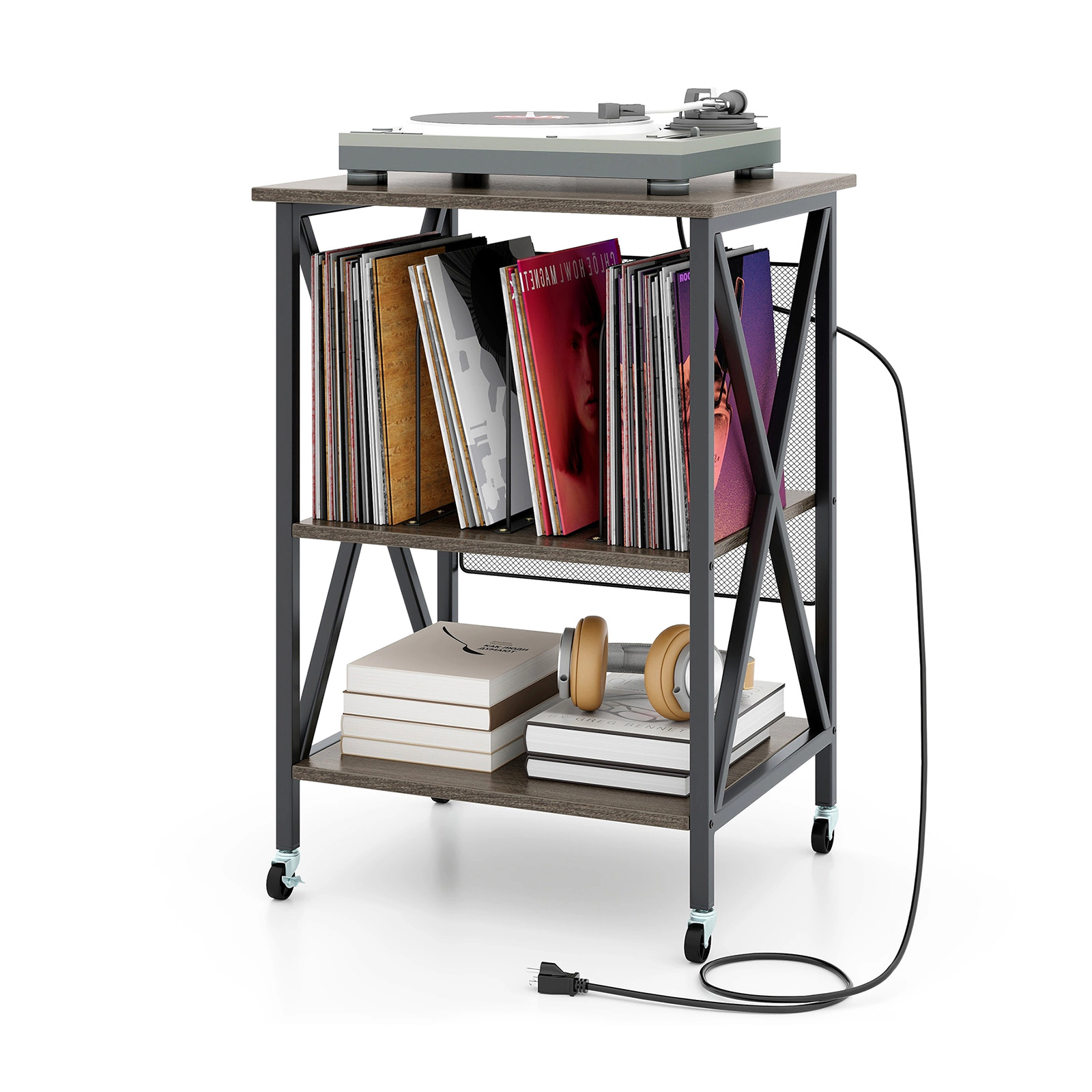 Glintex Mid-Century Record Player Stand with Removable Dividers and Charging Station