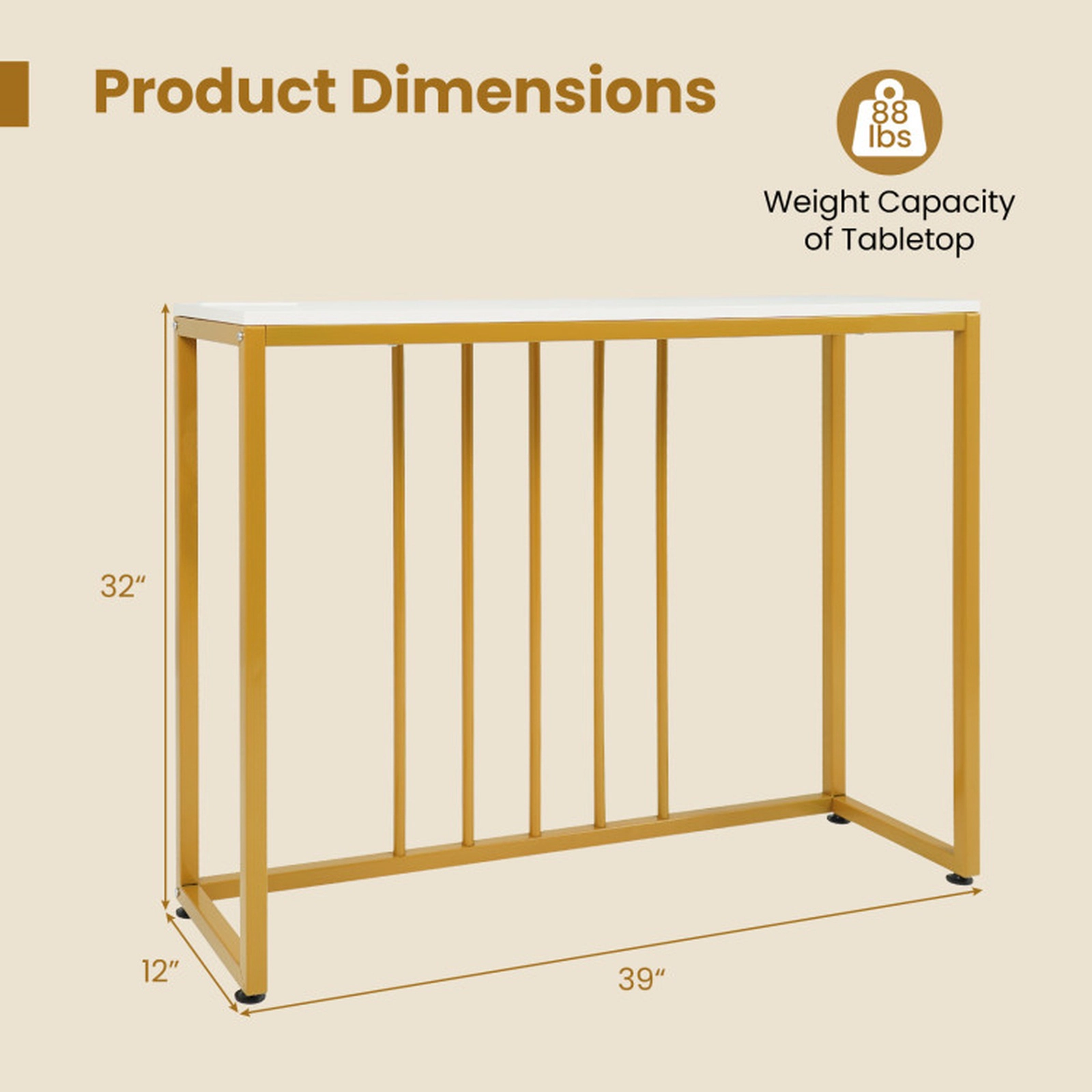 SUGIFT 39-in 88-lb Capacity White and Gold Metal Frame Console Sofa Table with Built-In Charging Station